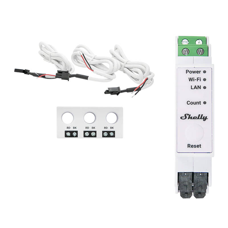 Un dispositivo Shelly, tres cables blancos y un bloque de terminales sobre fondo blanco.