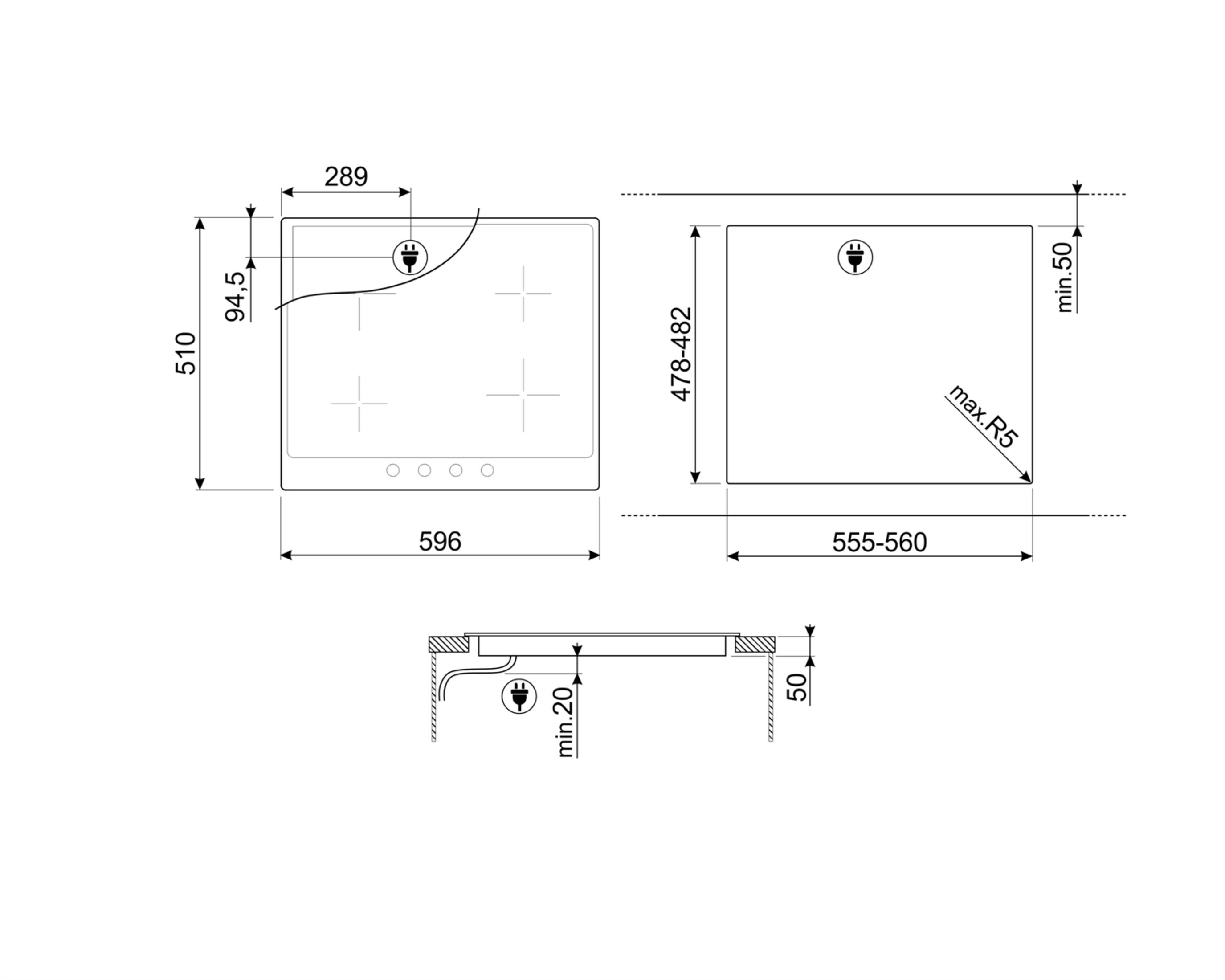 Dibujo técnico de una encimera con dimensiones en milímetros desde varias vistas.