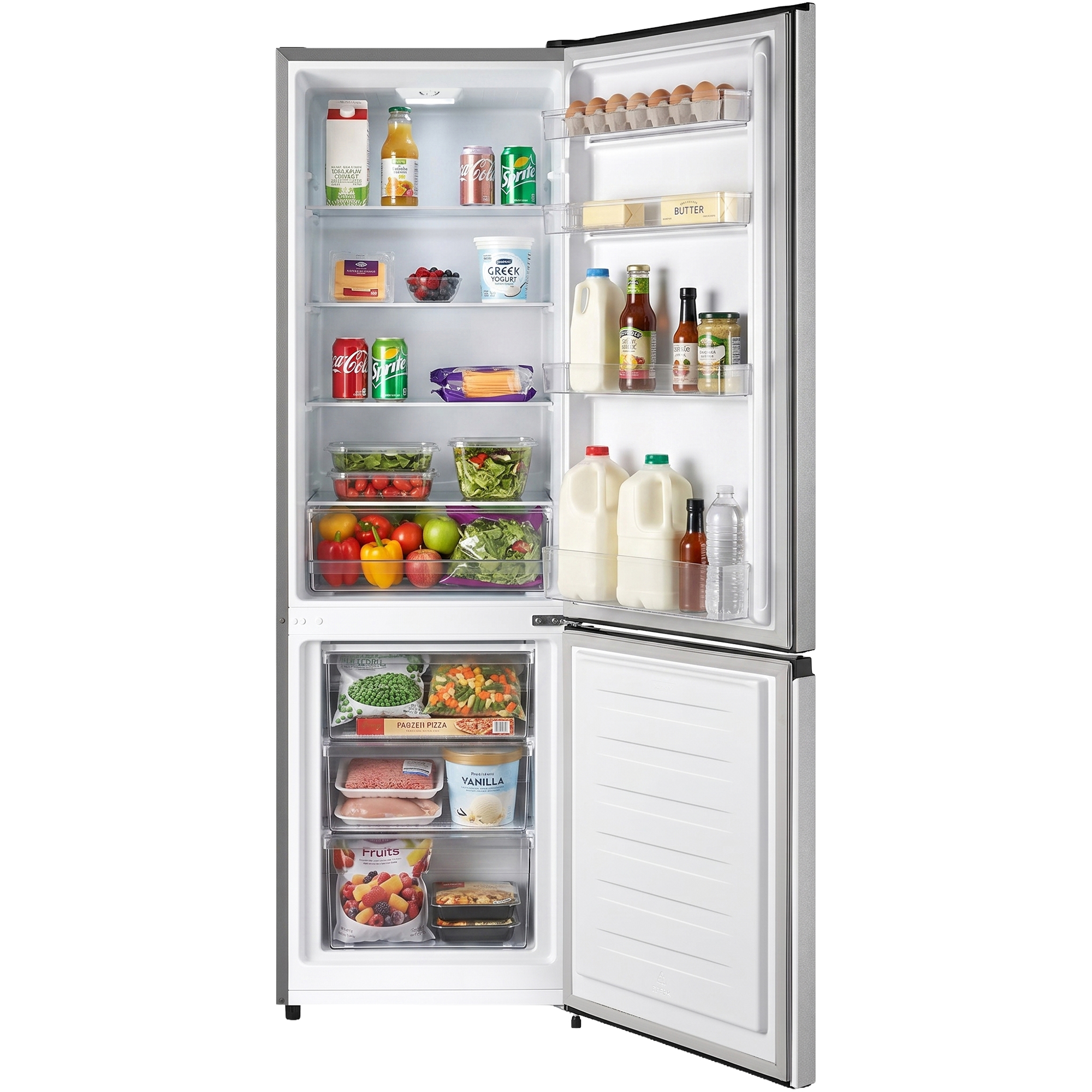 An open silver refrigerator is fully stocked with fresh produce, dairy, drinks, and frozen items.