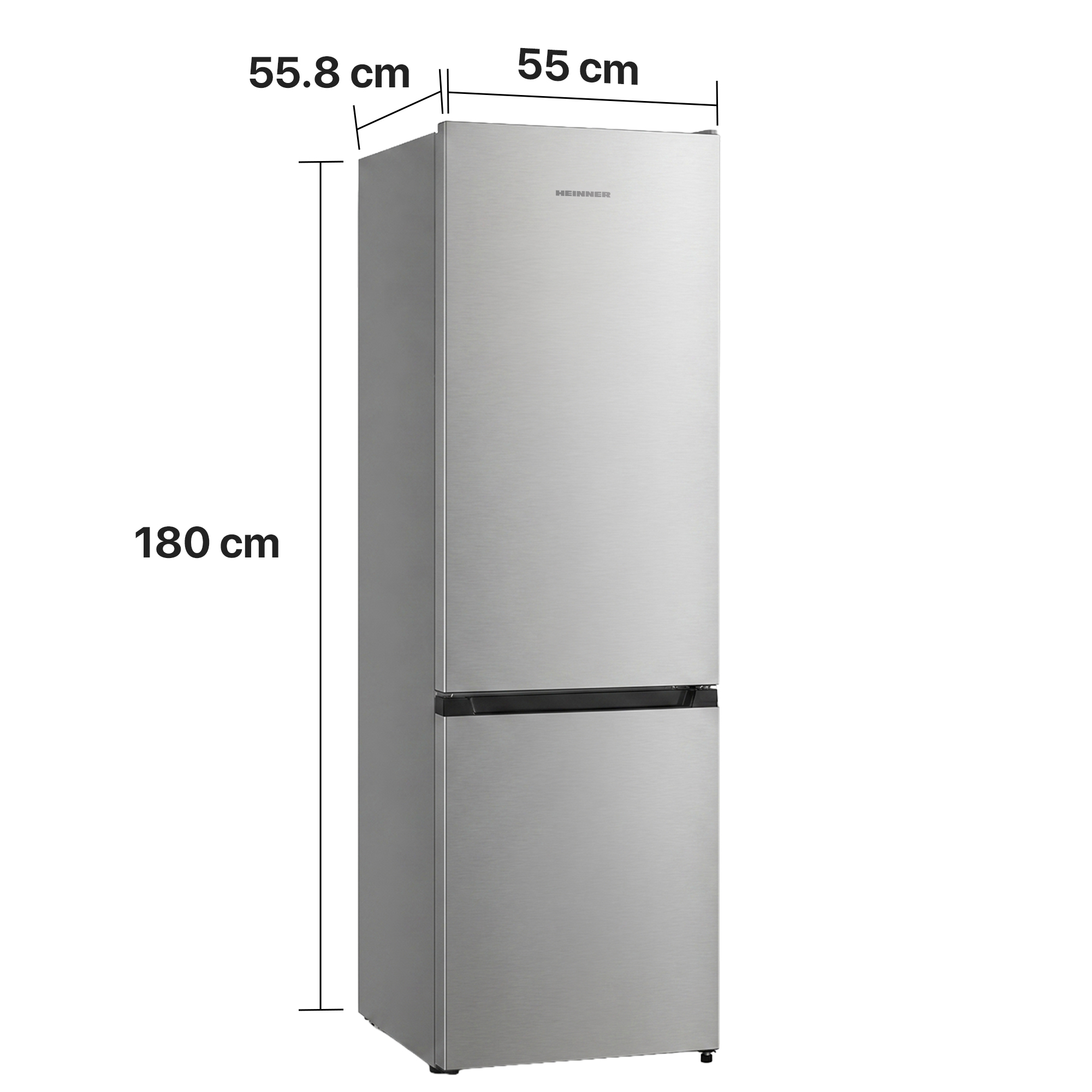 Stainless steel refrigerator with dimensions: 180 cm height, 55 cm width, 55.8 cm depth.