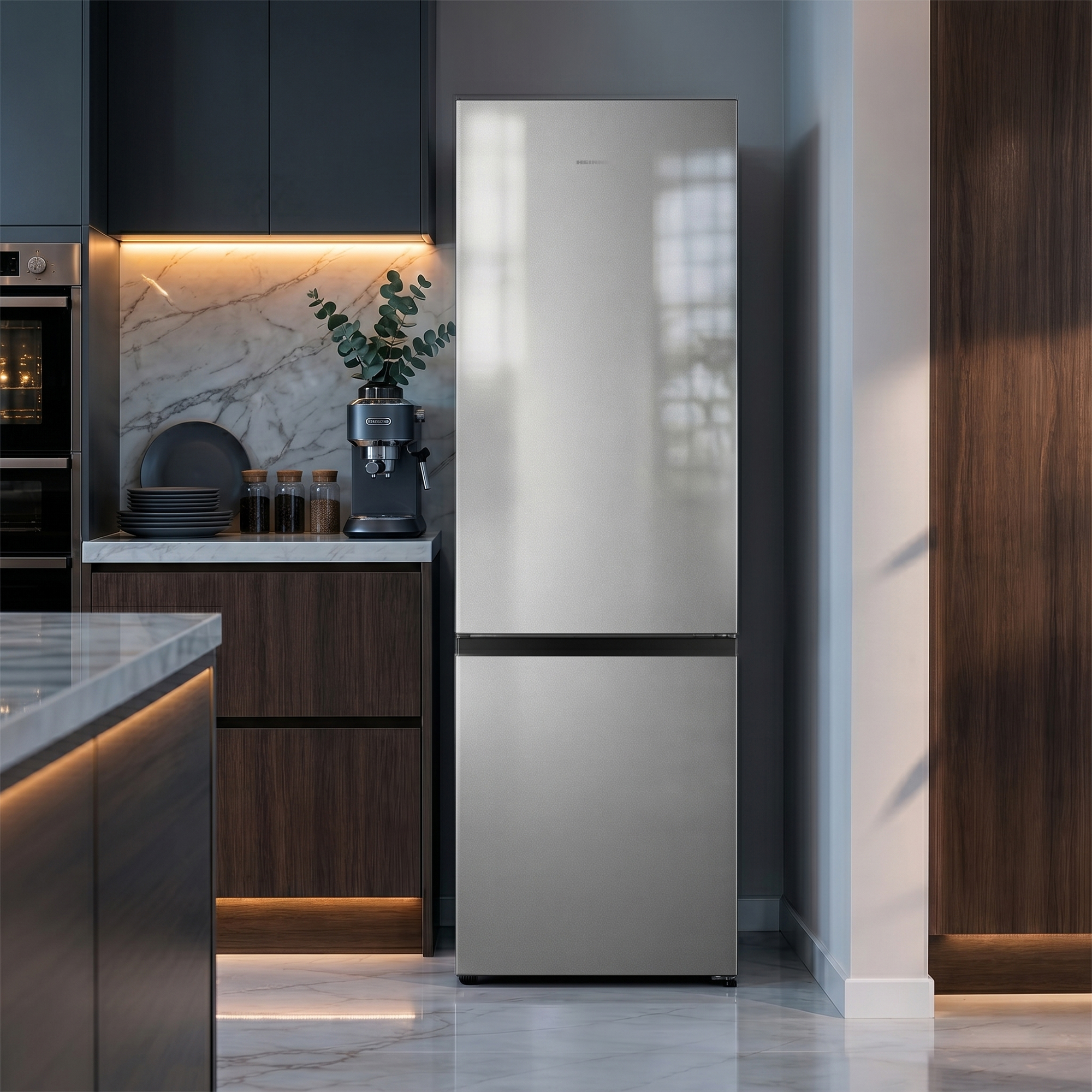 Silver refrigerator in a modern kitchen with dark cabinets and marble countertops.