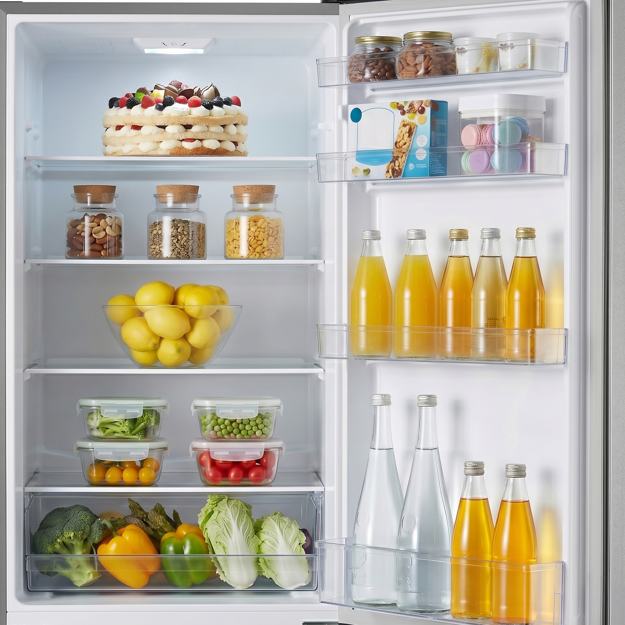 Open refrigerator filled with fresh fruit, vegetables, drinks, a cake, and jars on shelves and door compartments.