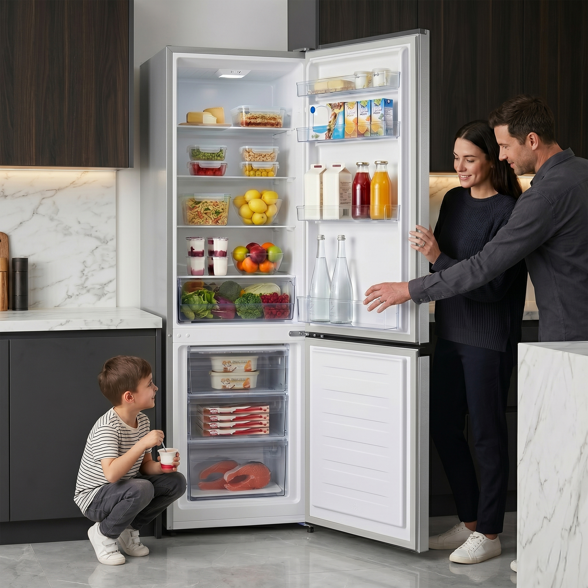A family of three opens a well-stocked modern refrigerator in a bright kitchen with dark cabinets and marble counters.