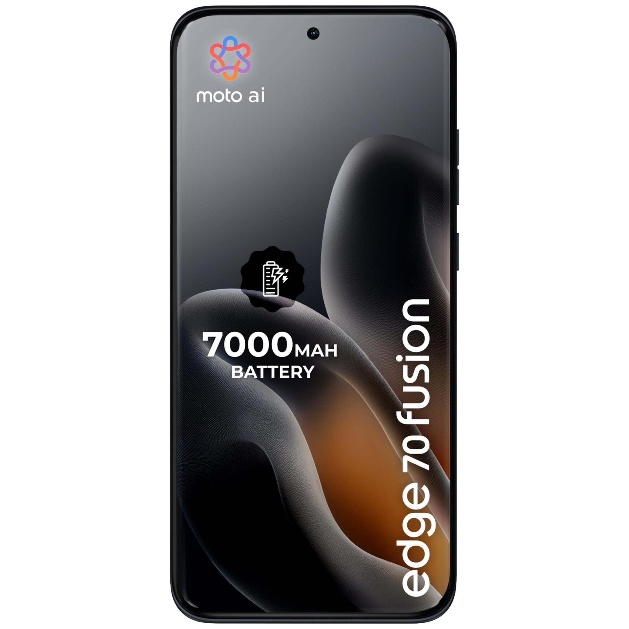 Czarny smartfon z napisem „moto ai”, „bateria 7000 mAh” i „edge 70 fusion” na ciemnym, abstrakcyjnym tle.