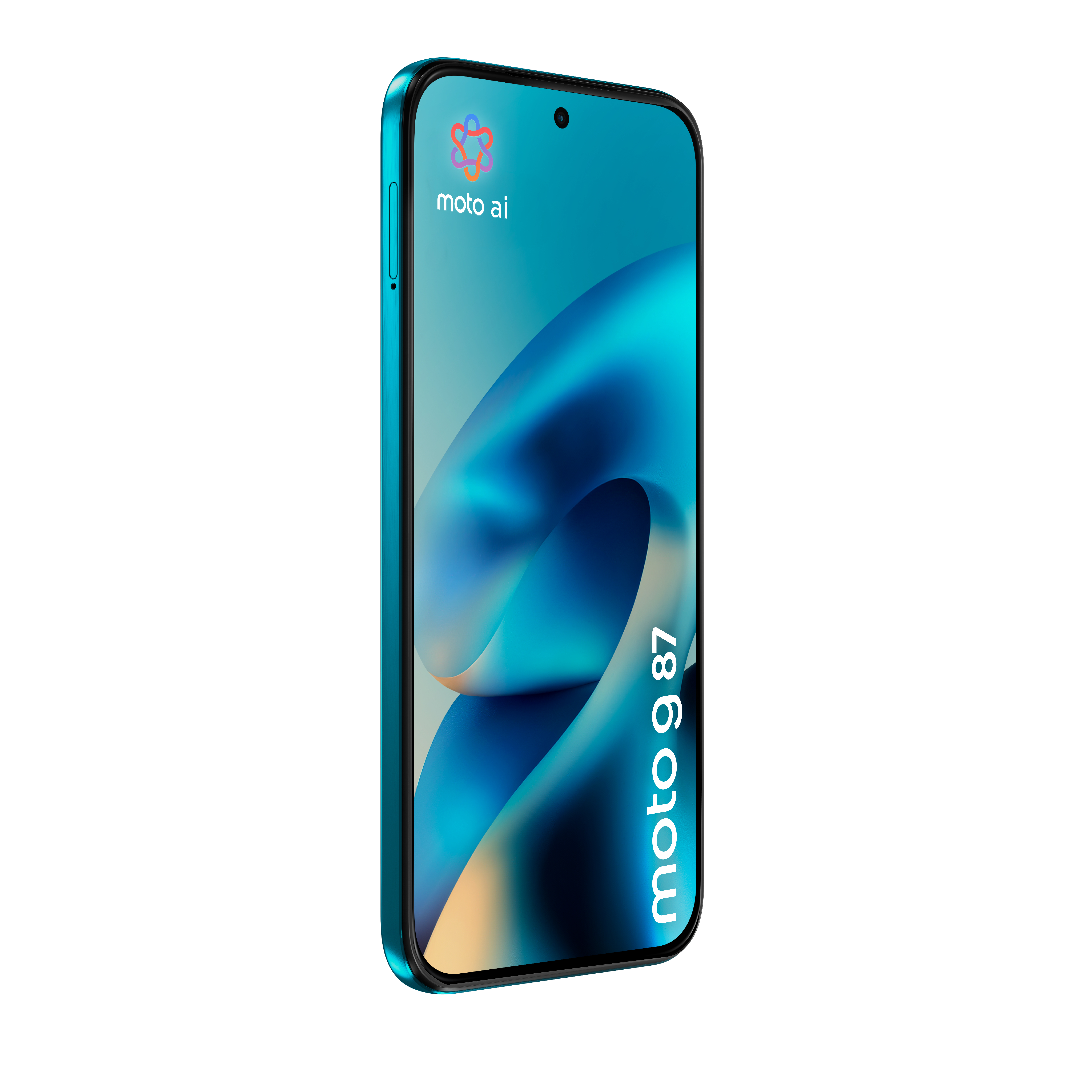 Uno smartphone blu con "moto g 87" e "moto ai" visualizzati sullo schermo.