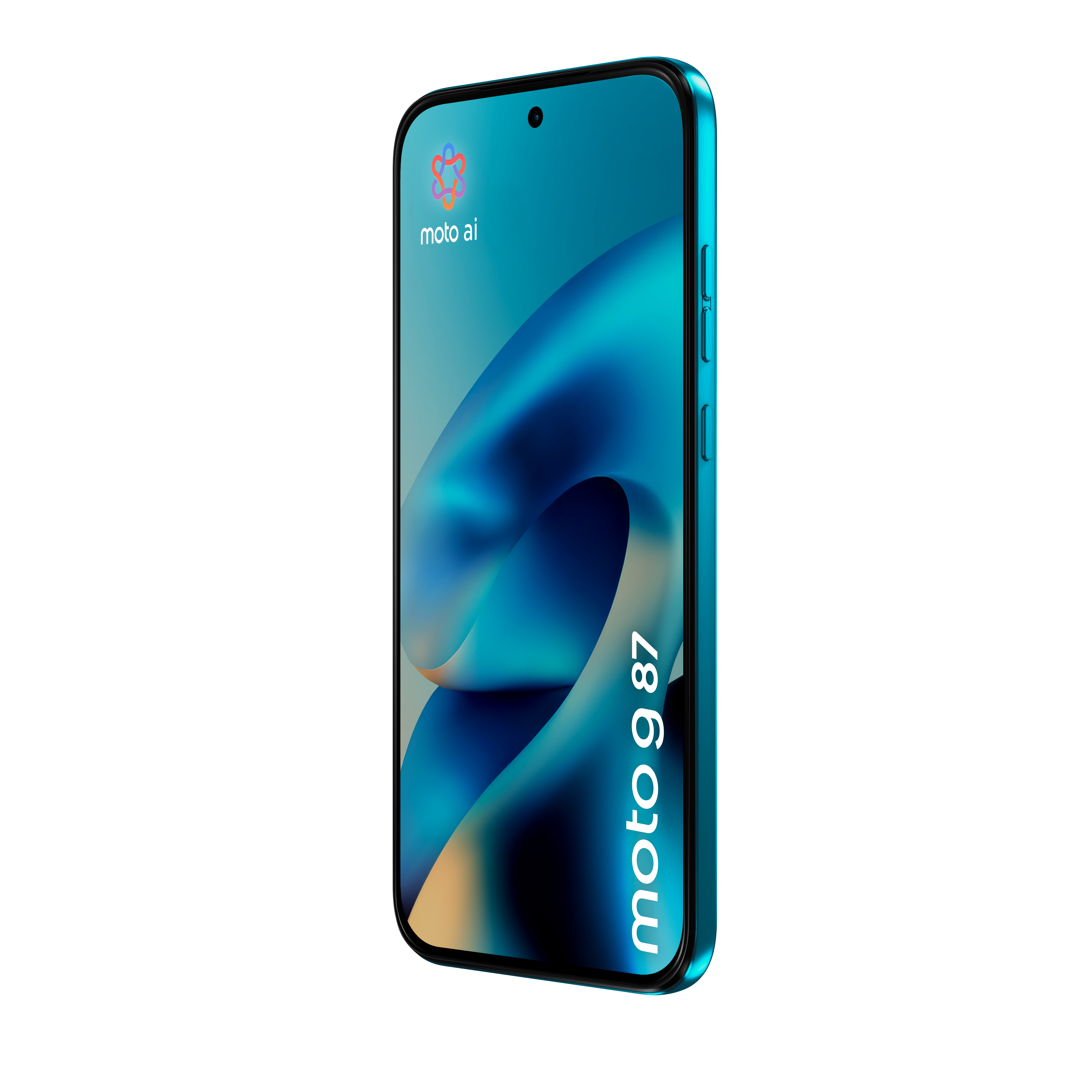 Uno smartphone turchese con uno sfondo astratto blu e i testi 'moto ai' e 'moto g 87' sullo schermo.