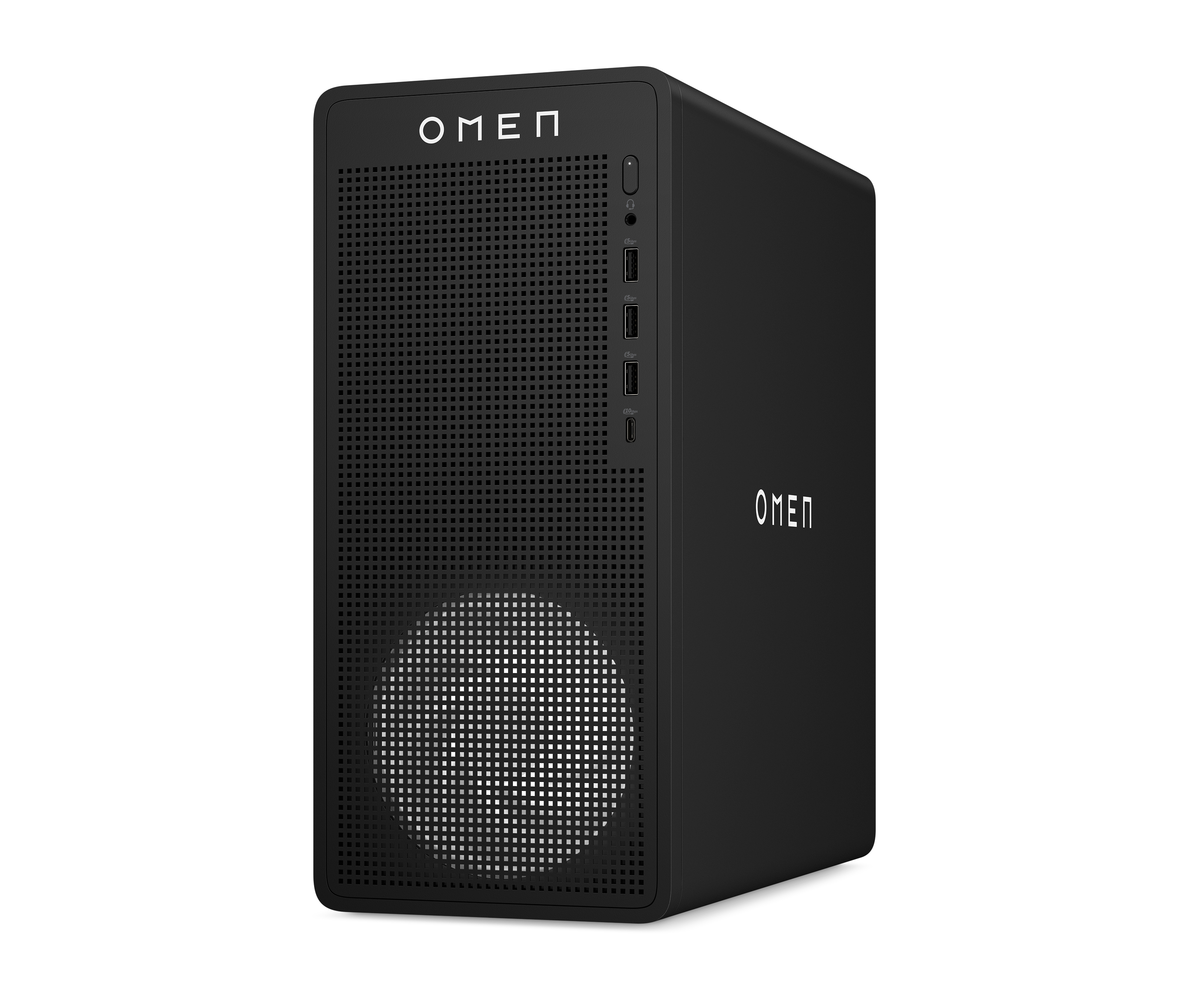 Tower per computer desktop HP Omen nero con pannello frontale in rete, ventola illuminata e logo bianco su sfondo bianco.