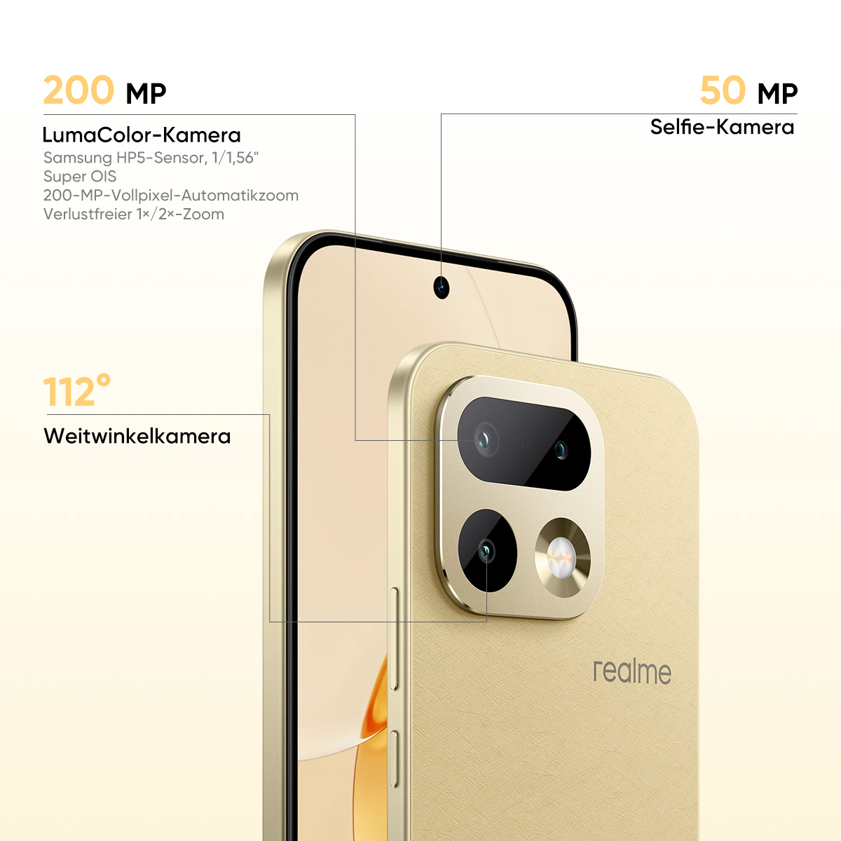 Diagramma delle specifiche della fotocamera di uno smartphone Realme dorato, evidenziando le lenti.
