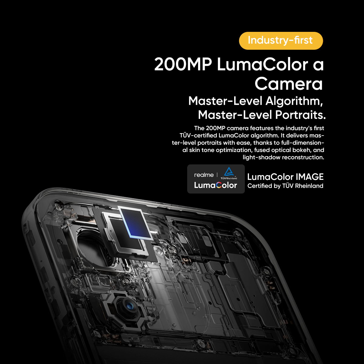 Modulo fotocamera per smartphone tecnico con algoritmo LumaColor da 200MP e certificazione TÜV.