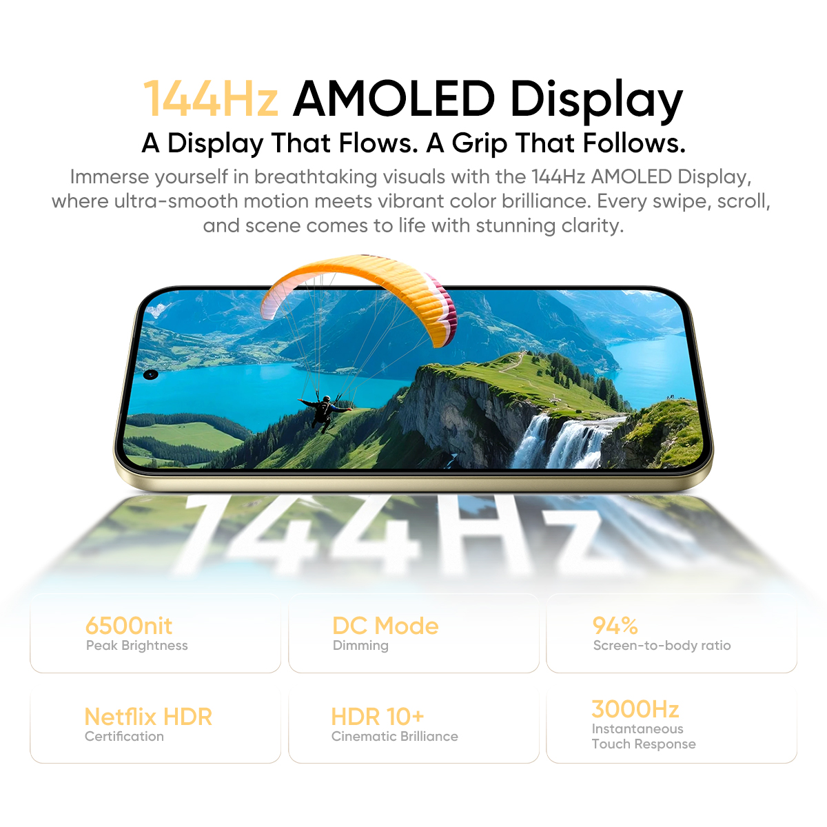 Uno smartphone mostra un display AMOLED con paesaggio in parapendio e varie specifiche tecniche.
