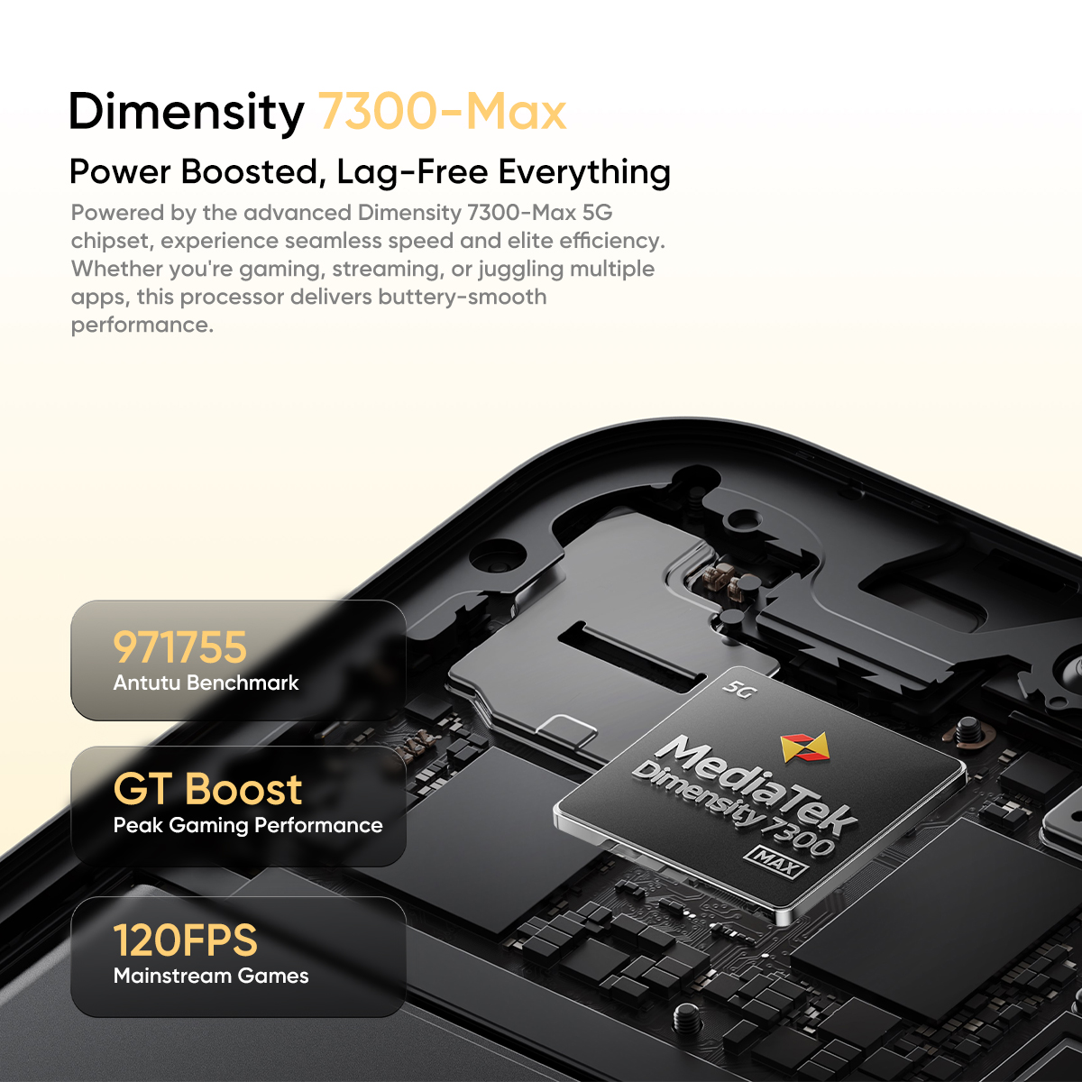 Processore MediaTek Dimensity 7300-Max su una scheda madre di smartphone con specifiche.
