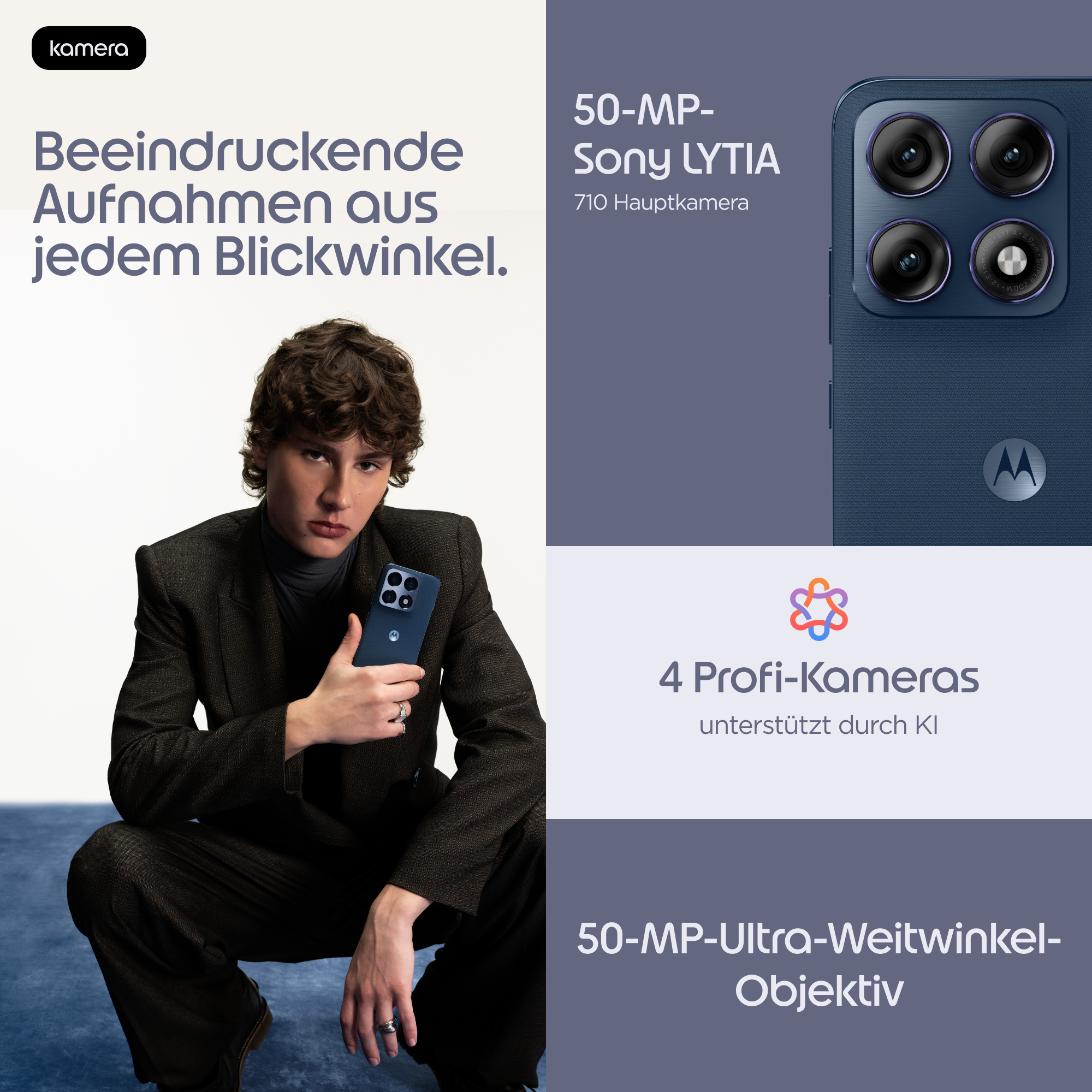 Una persona in abito tiene uno smartphone blu su uno sfondo grigio e bianco con testo promozionale.