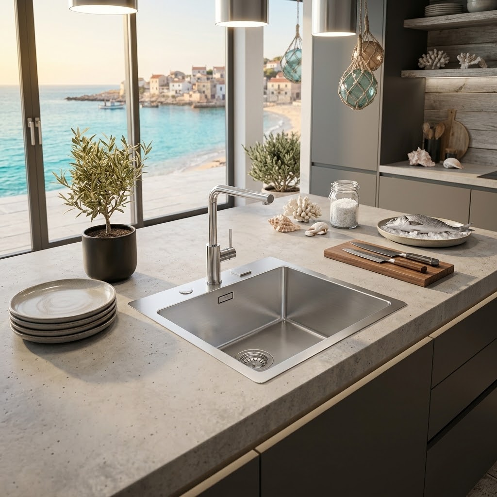 Moderno lavello da cucina su piano in cemento con vista sul mare e un paese.