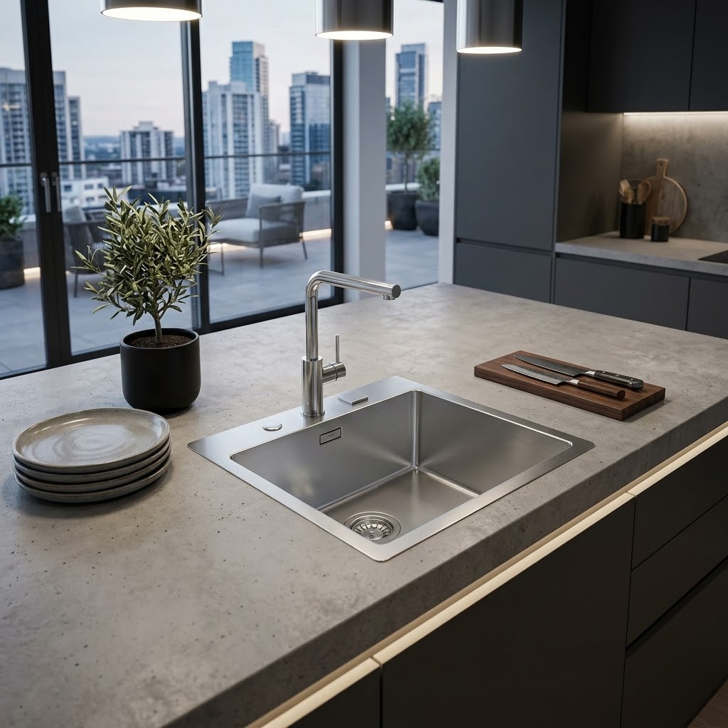 Moderna isola cucina con lavello, pianta in vaso e piatti, con vista sulla città.