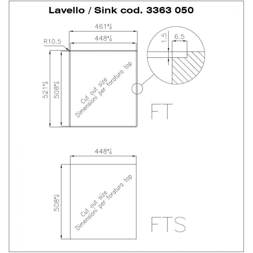 Disegno tecnico con quote per i modelli di lavello FT e FTS, con vista di dettaglio.