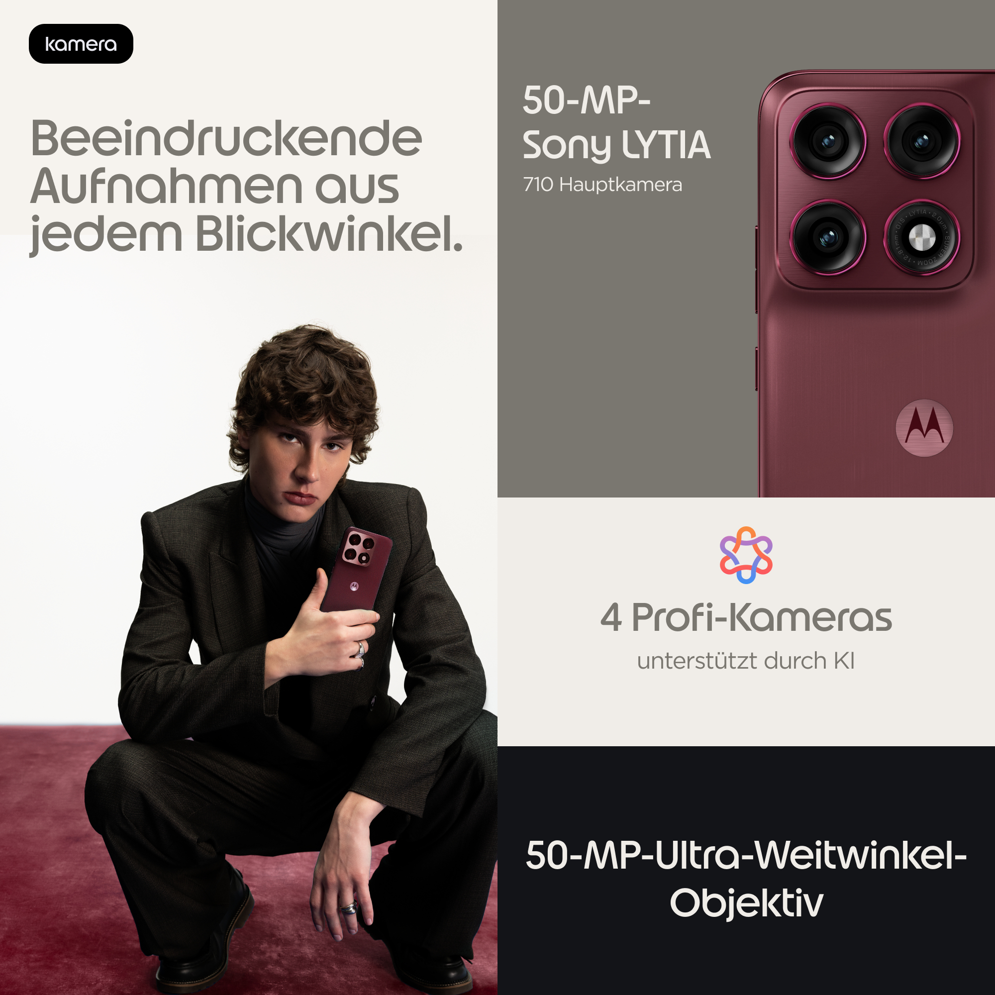 Un uomo in abito tiene uno smartphone rosso. I testi promuovono la fotocamera da 50 MP.