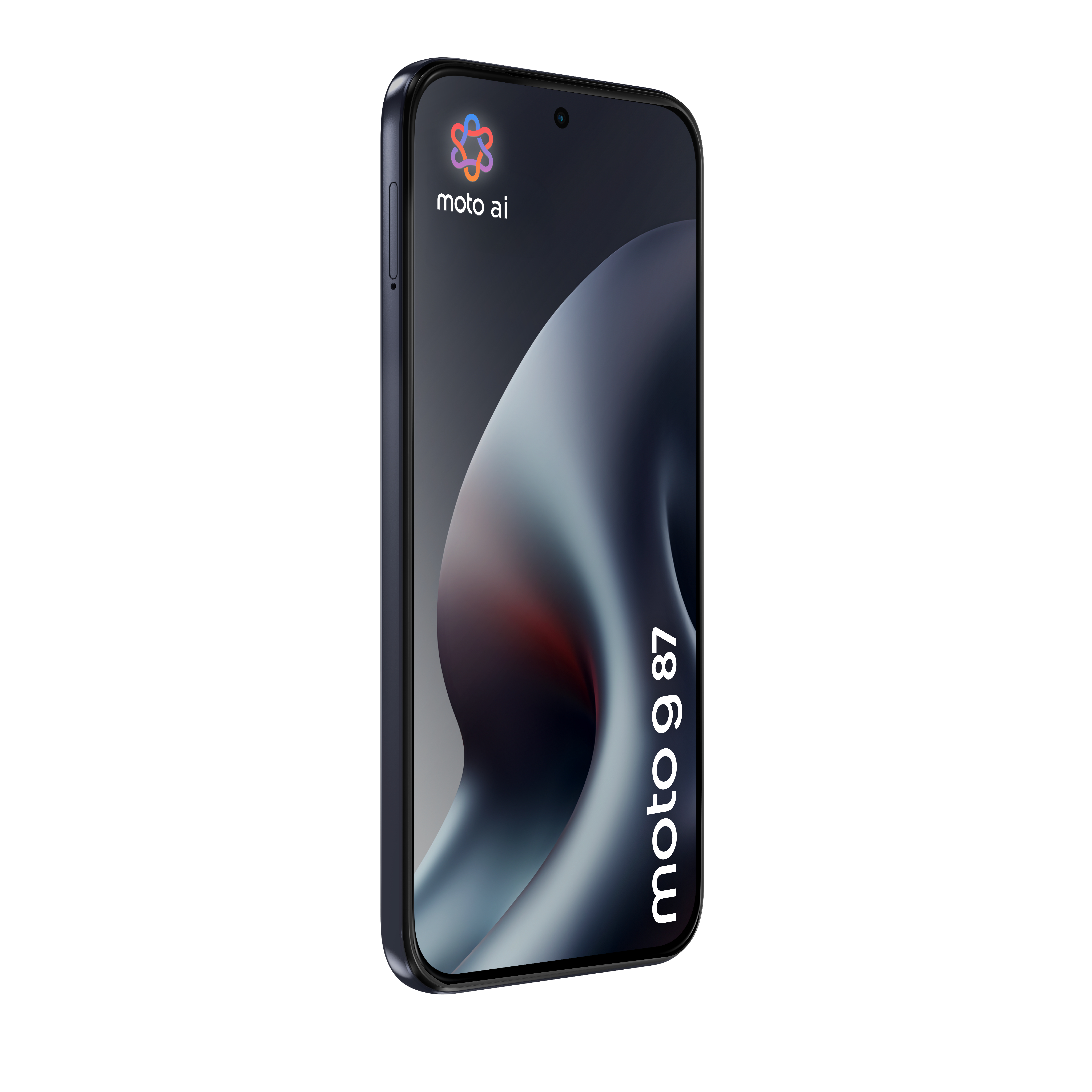 Un smartphone negro con el texto moto g87 y moto ai en la pantalla sobre un fondo blanco.