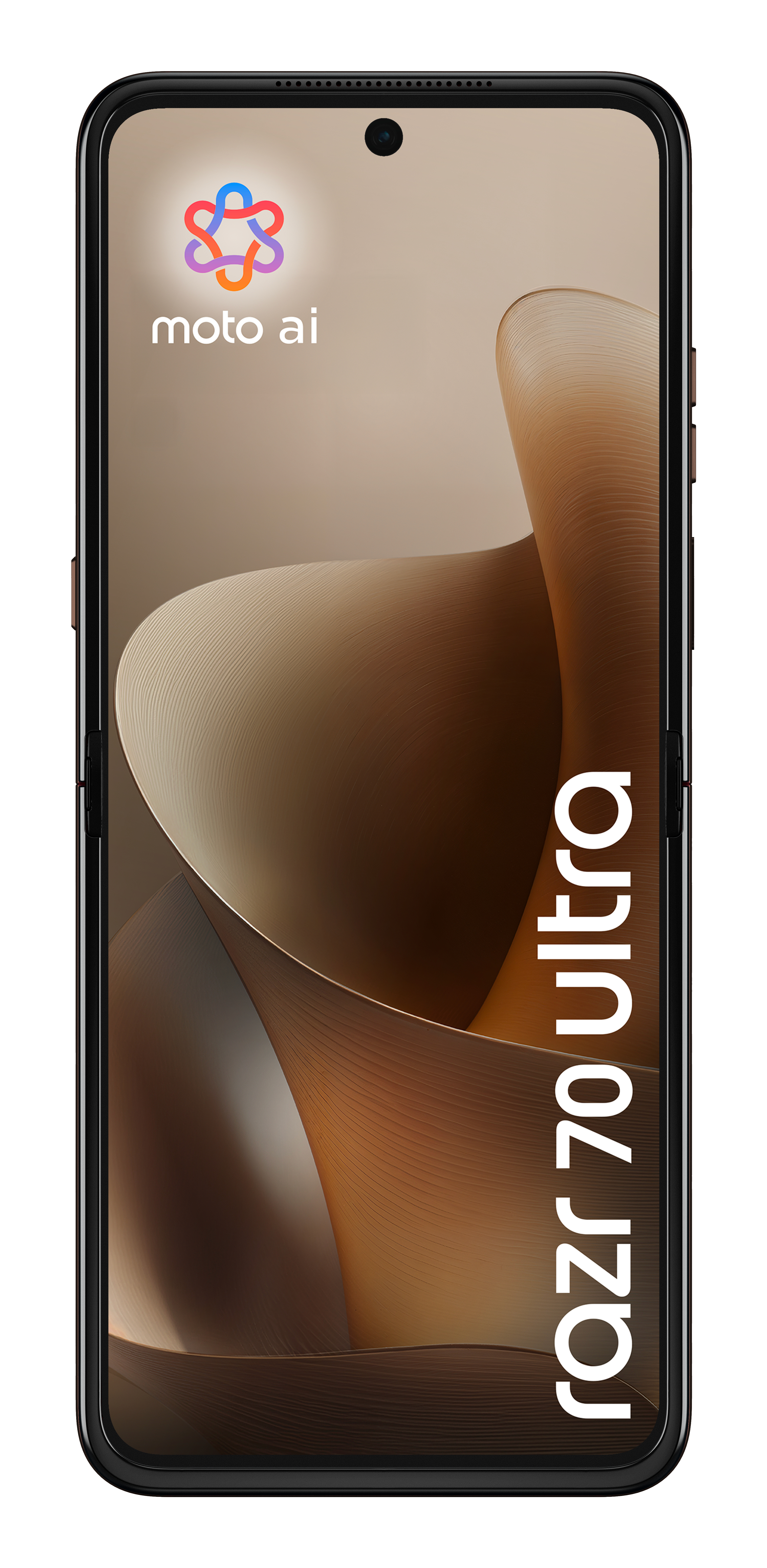 Smartphone che mostra uno sfondo curvo marrone e beige, il logo moto ai e la scritta razr 70 ultra.