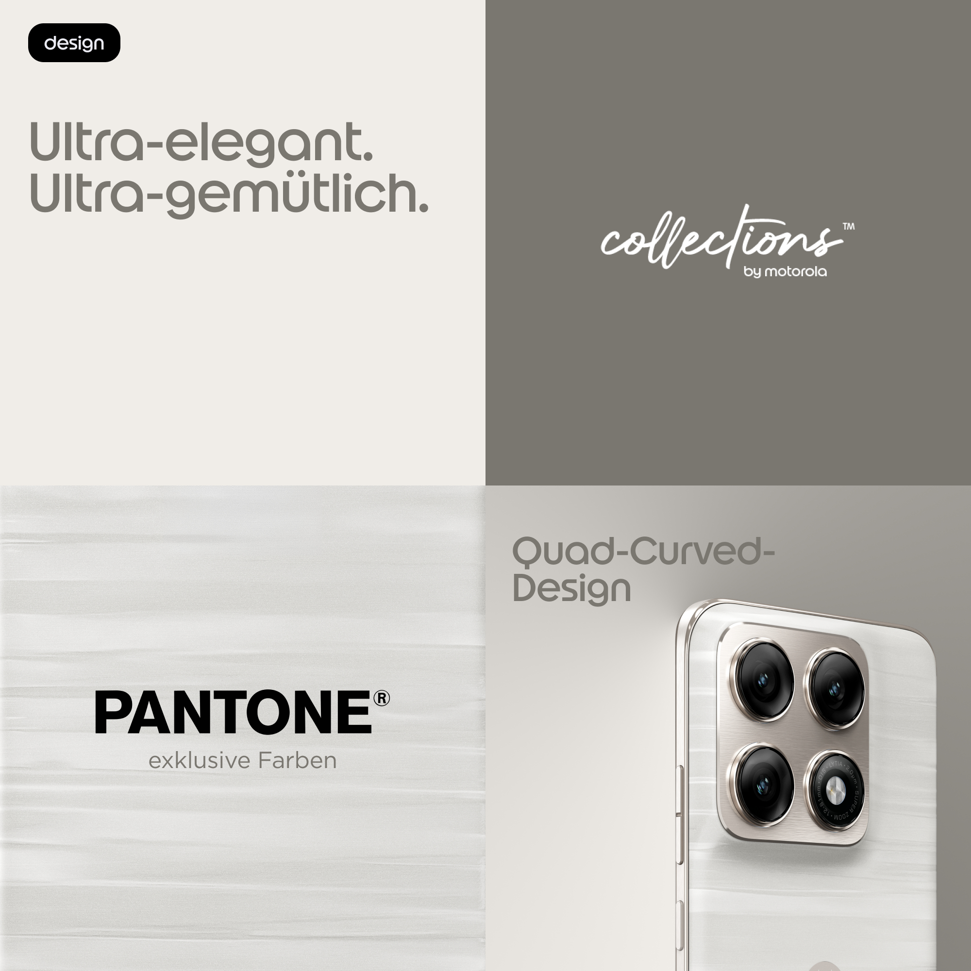 Immagine promozionale a quattro pannelli con lo smartphone Motorola dal design curvo, colori Pantone e testo elegante.