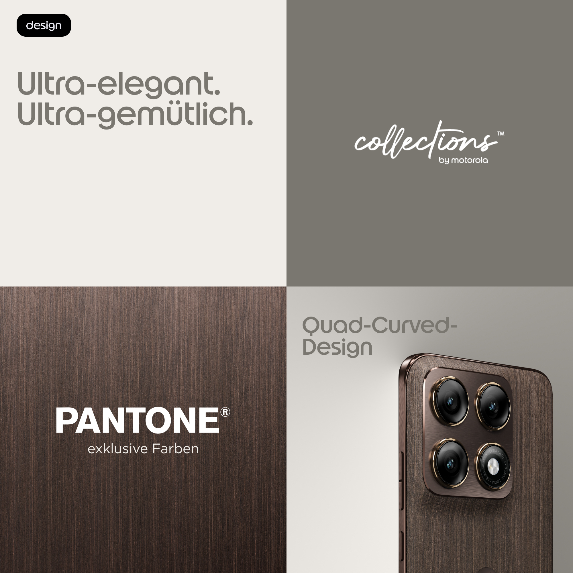 Smartphone a quattro fotocamere in legno marrone, abbinato al branding Motorola Collections e Pantone.