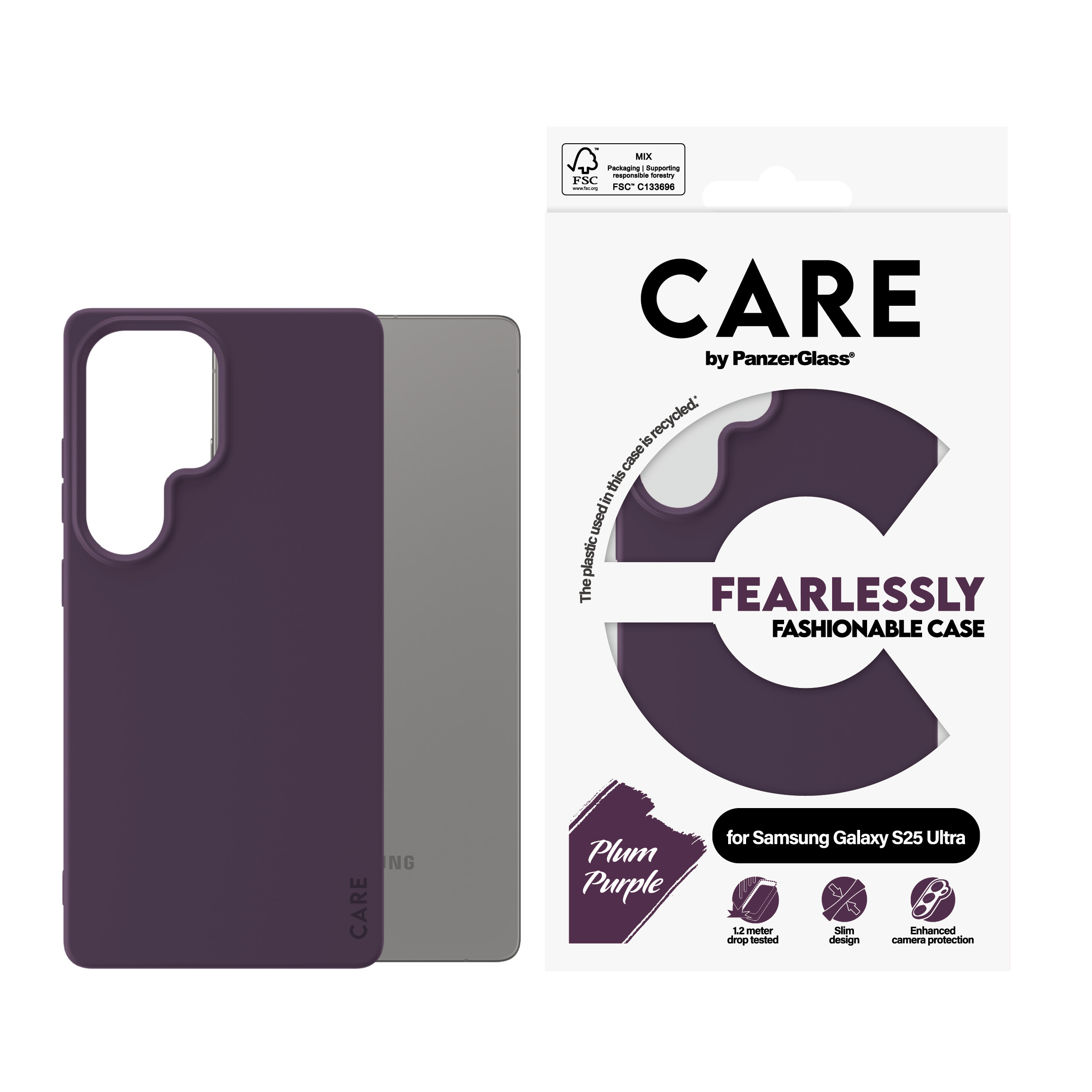 Cover per telefono viola prugna per Samsung Galaxy S25 Ultra, accanto alla confezione.