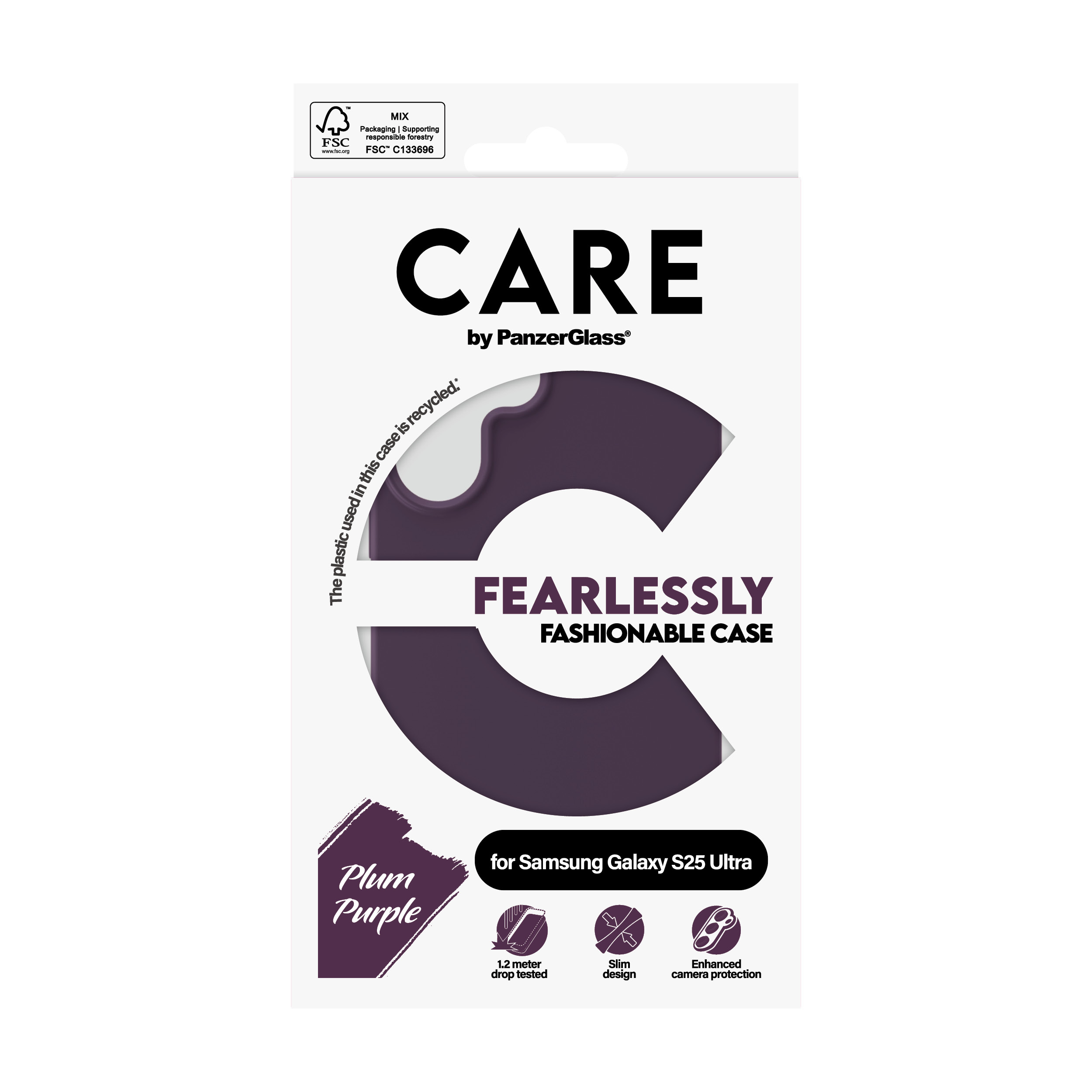 Confezione bianca per cover viola prugna CARE di PanzerGlass per Samsung Galaxy S25 Ultra, con icone di protezione e design.