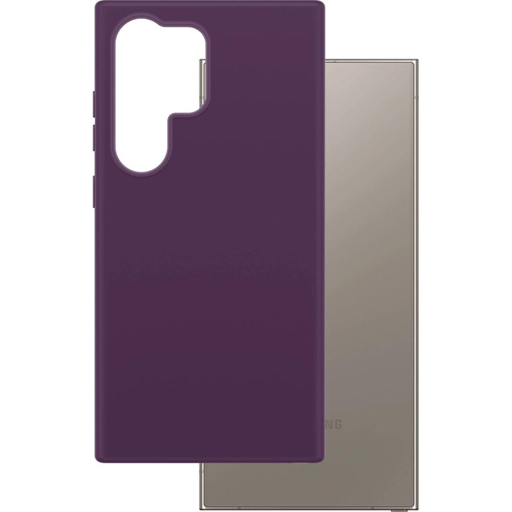 Una custodia per smartphone viola davanti a un telefono argento.