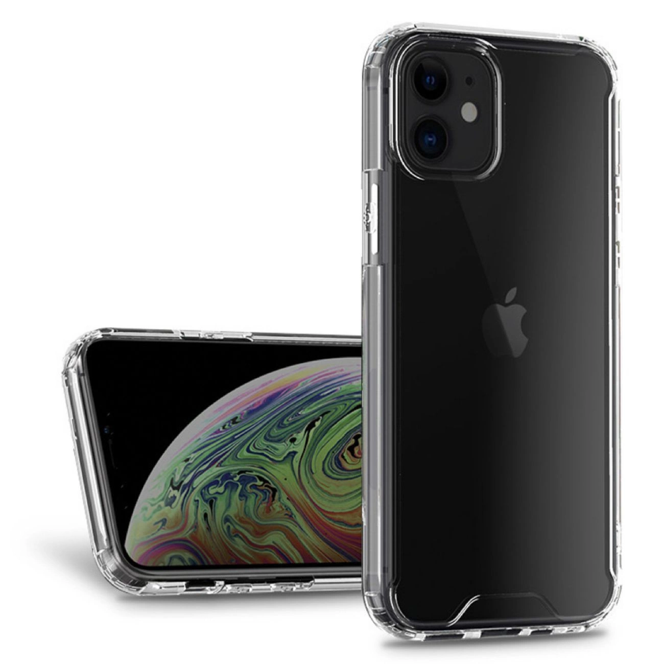 Smartphone nero con cover trasparente, schermo visibile davanti e logo Apple sul retro.