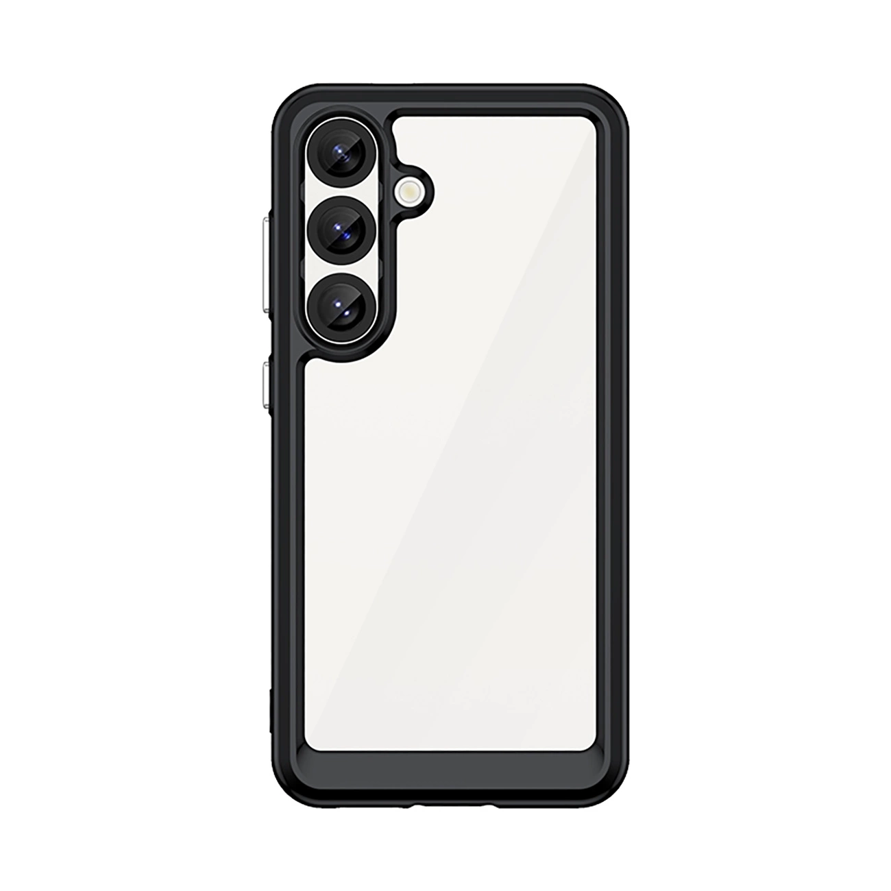 Una custodia per telefono con bordo nero e retro trasparente, tre fotocamere verticali e un flash.