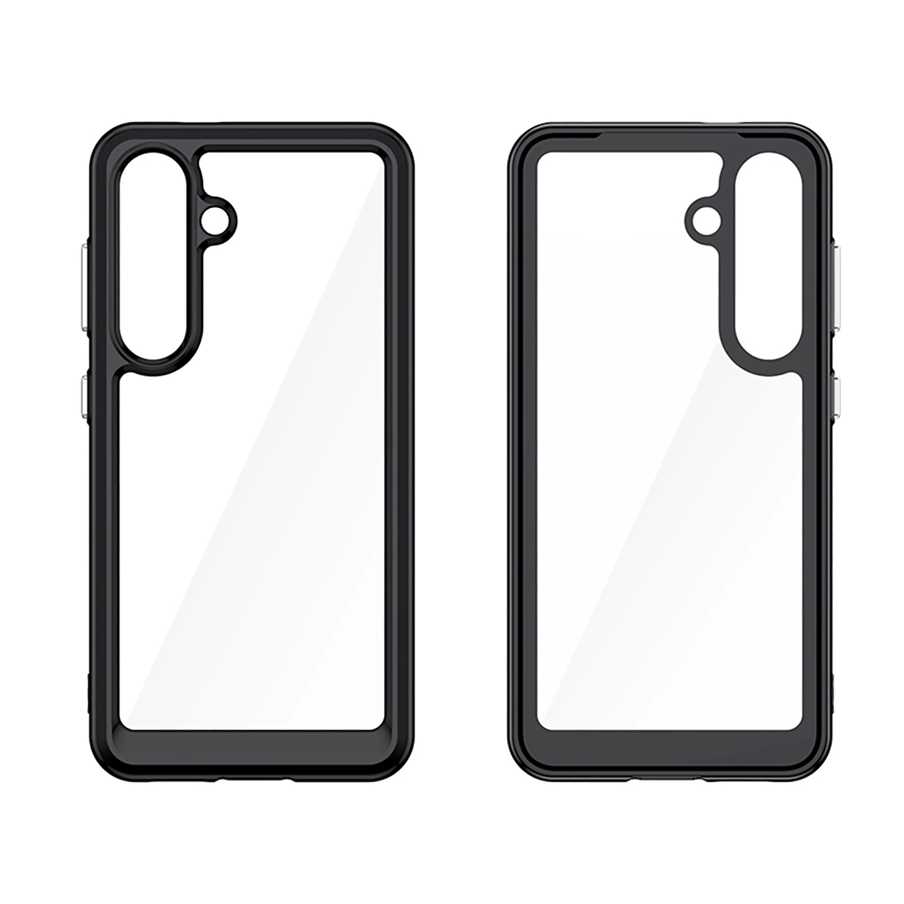 Due cover nere per smartphone con retro trasparente e ritagli per la fotocamera su sfondo bianco.