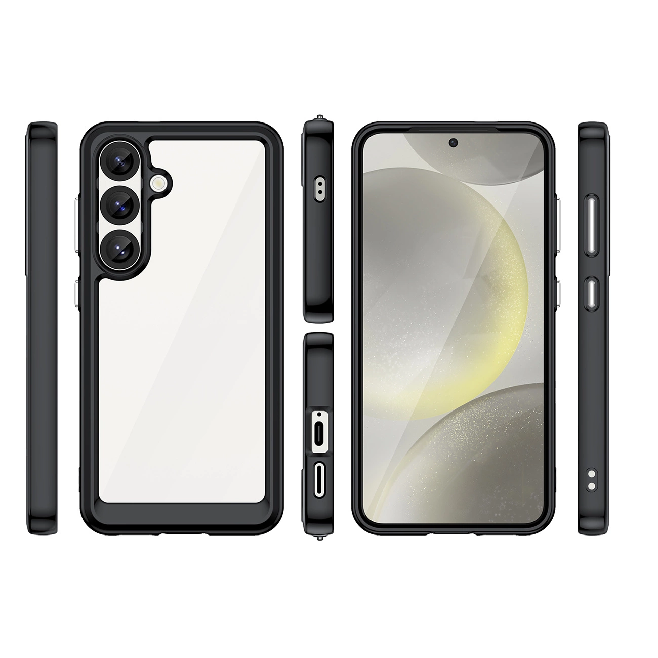 Vista anteriore, posteriore e laterale di uno smartphone in cover nera, con fotocamere e porte visibili.