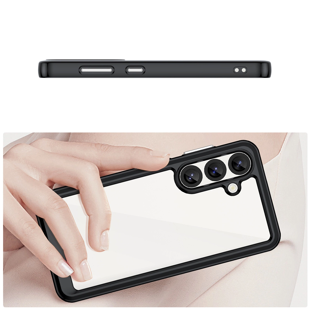 Telefono in una custodia trasparente con cornice nera, tenuto da una mano su sfondo neutro.