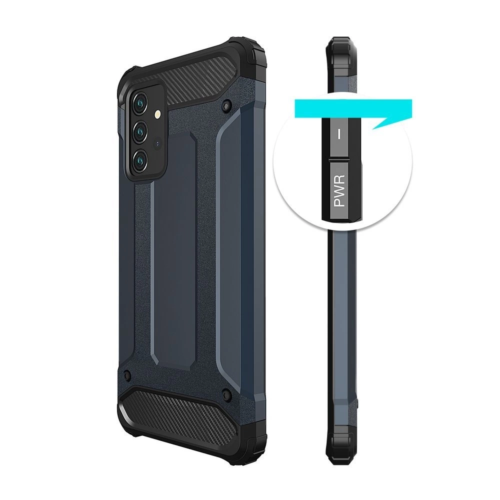 Custodia protettiva blu e nera per smartphone con primo piano dei pulsanti laterali.