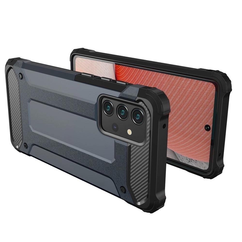 Uno smartphone in una custodia protettiva robusta grigio scuro e nera, con schermo e fotocamera.