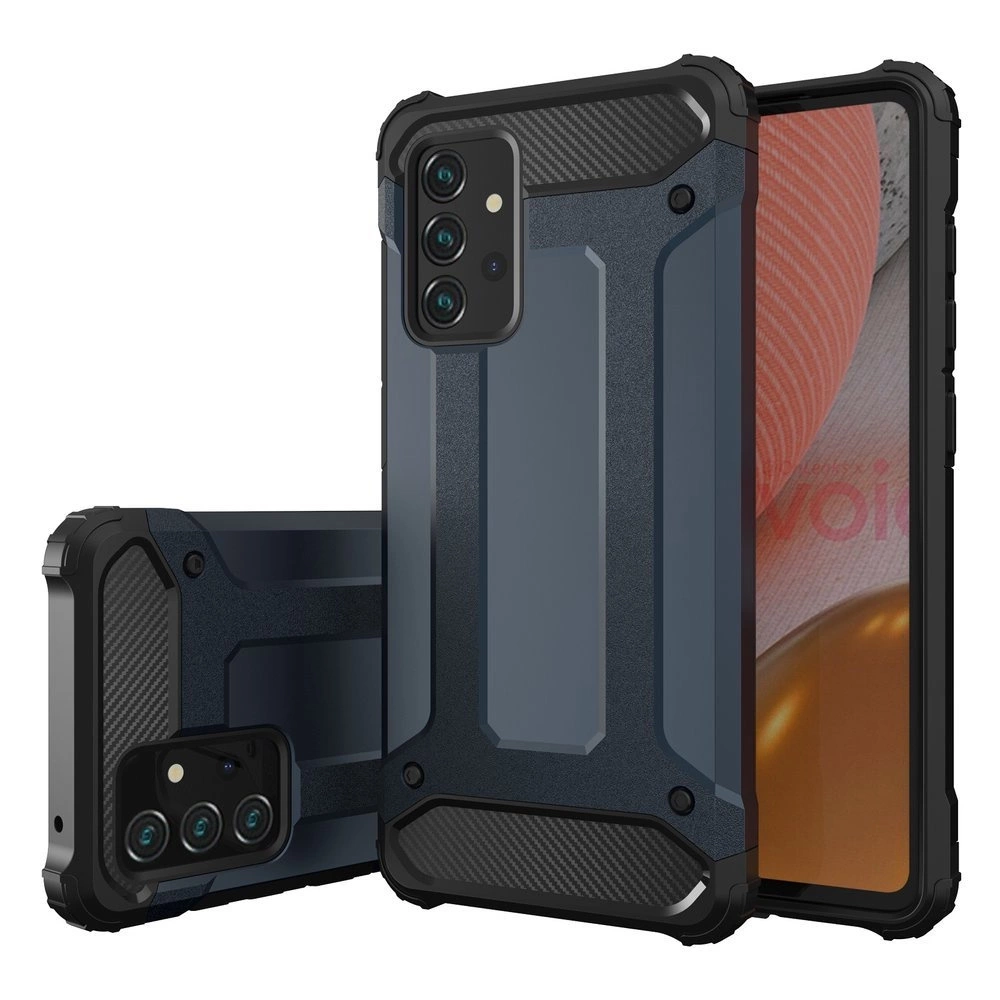 Uno smartphone in una robusta custodia protettiva blu scuro e nera, mostrato da davanti e da dietro.