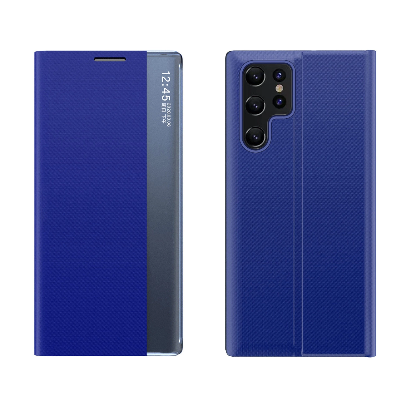 Custodia blu per smartphone con finestrino verticale sul davanti e ritaglio per fotocamera sul retro.
