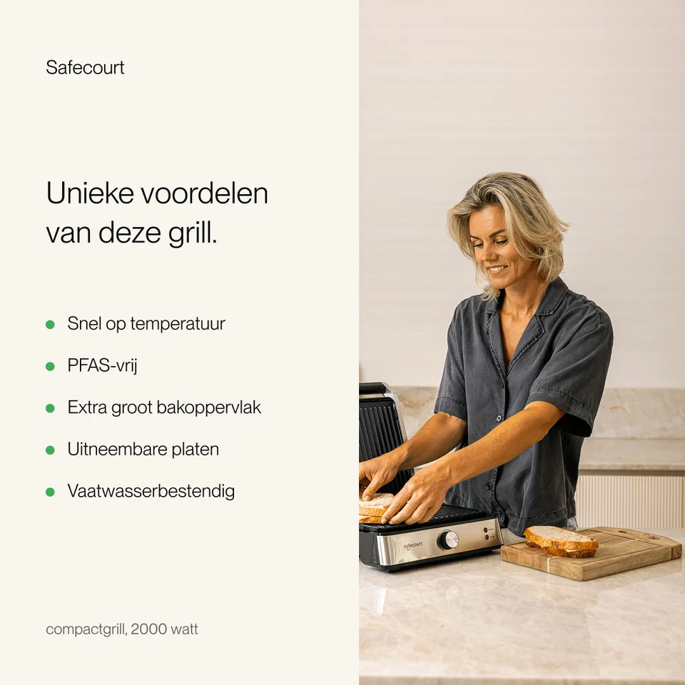 A woman making a sandwich on an electric grill in a kitchen with text on the left.
