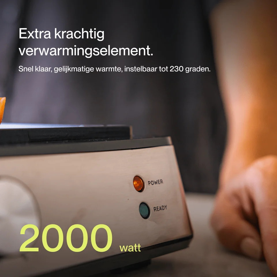 A contact grill with power and ready indicator lights, Dutch text, and 2000 watt label.