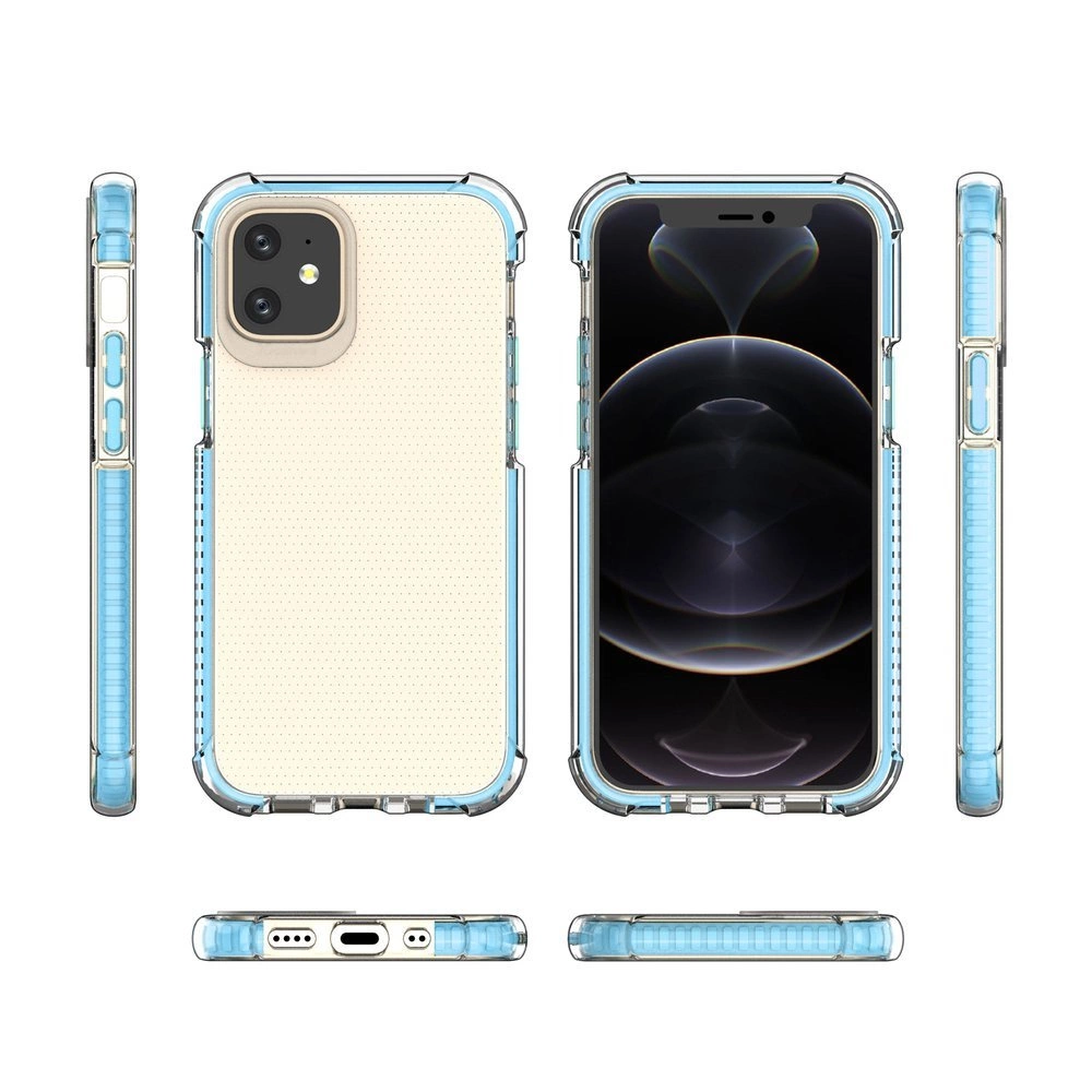 Molteplici viste di una custodia per smartphone con bordo blu e retro bianco.