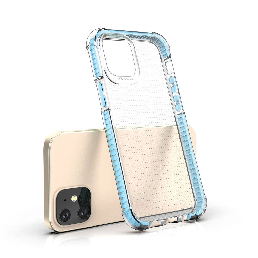 Uno smartphone dorato e una custodia protettiva trasparente con bordo azzurro, su sfondo bianco.