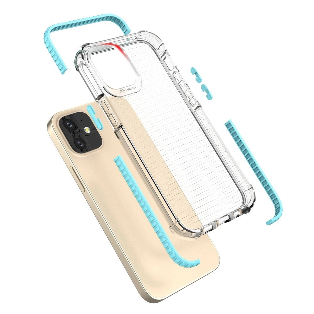 Smartphone dorato con custodia trasparente e parti protettive blu staccate su sfondo bianco.