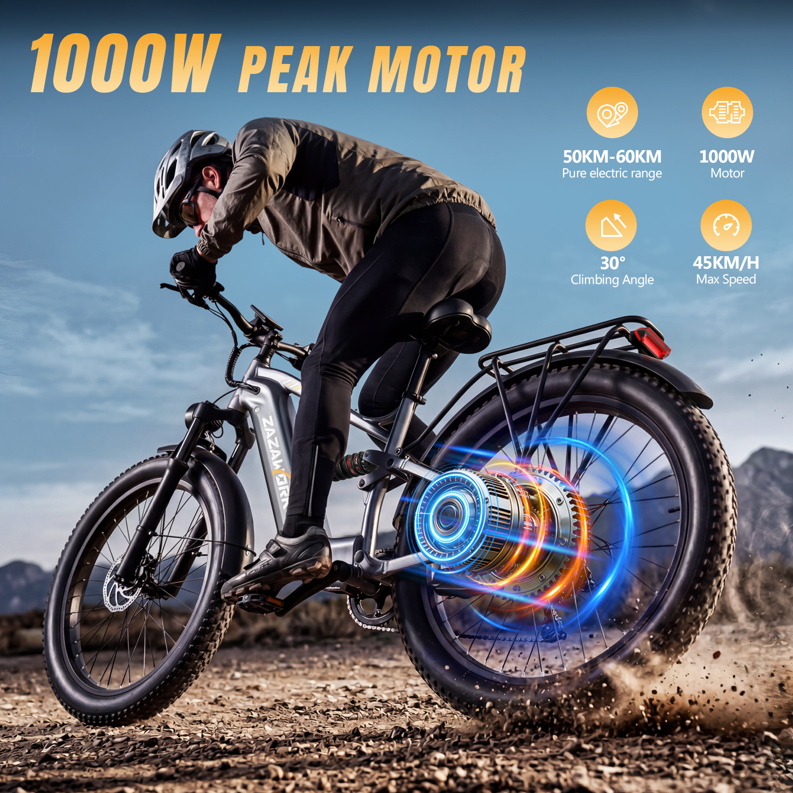 Un ciclista guida una e-bike su sterrato, con grafiche del motore luminose e icone su sfondo cielo azzurro.