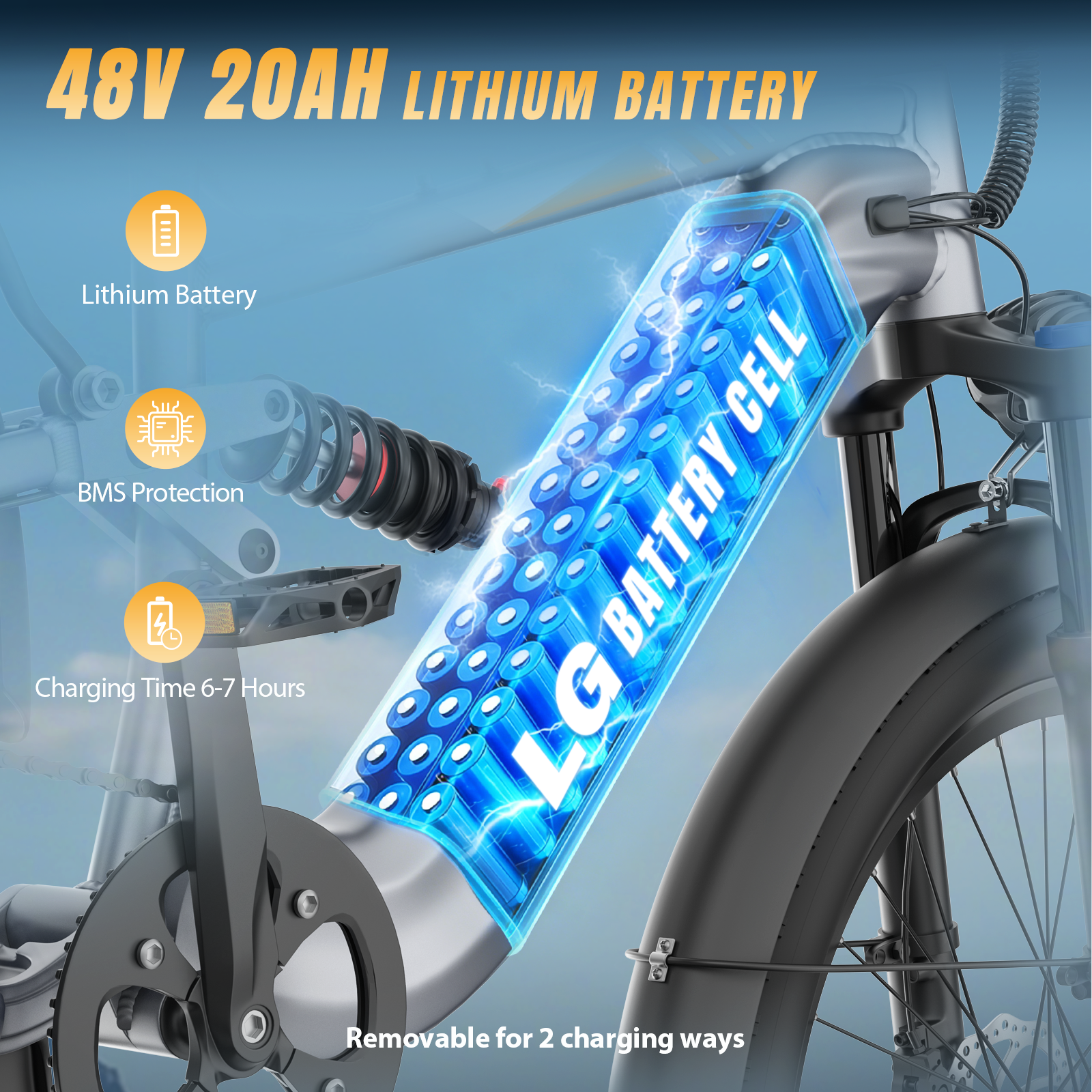 Un telaio per e-bike mostra una batteria al litio rimovibile da 48V 20Ah con celle LG e protezione BMS.
