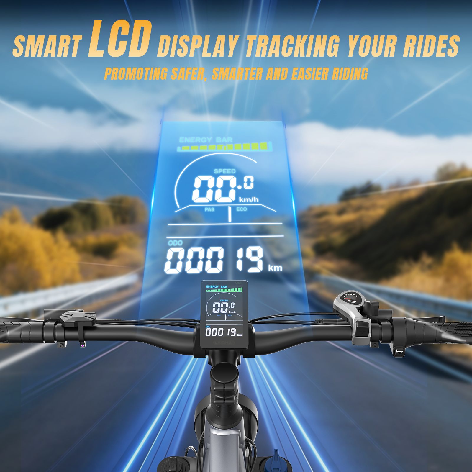 Manubrio di bicicletta con display LCD intelligente che mostra velocità e chilometraggio su strada.