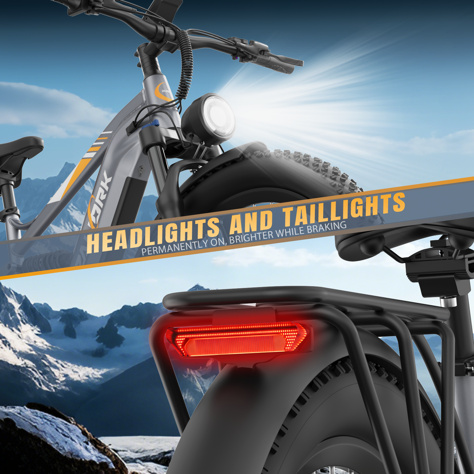 Una bicicleta eléctrica con un faro brillante y una luz trasera roja sobre un fondo de montaña nevada.