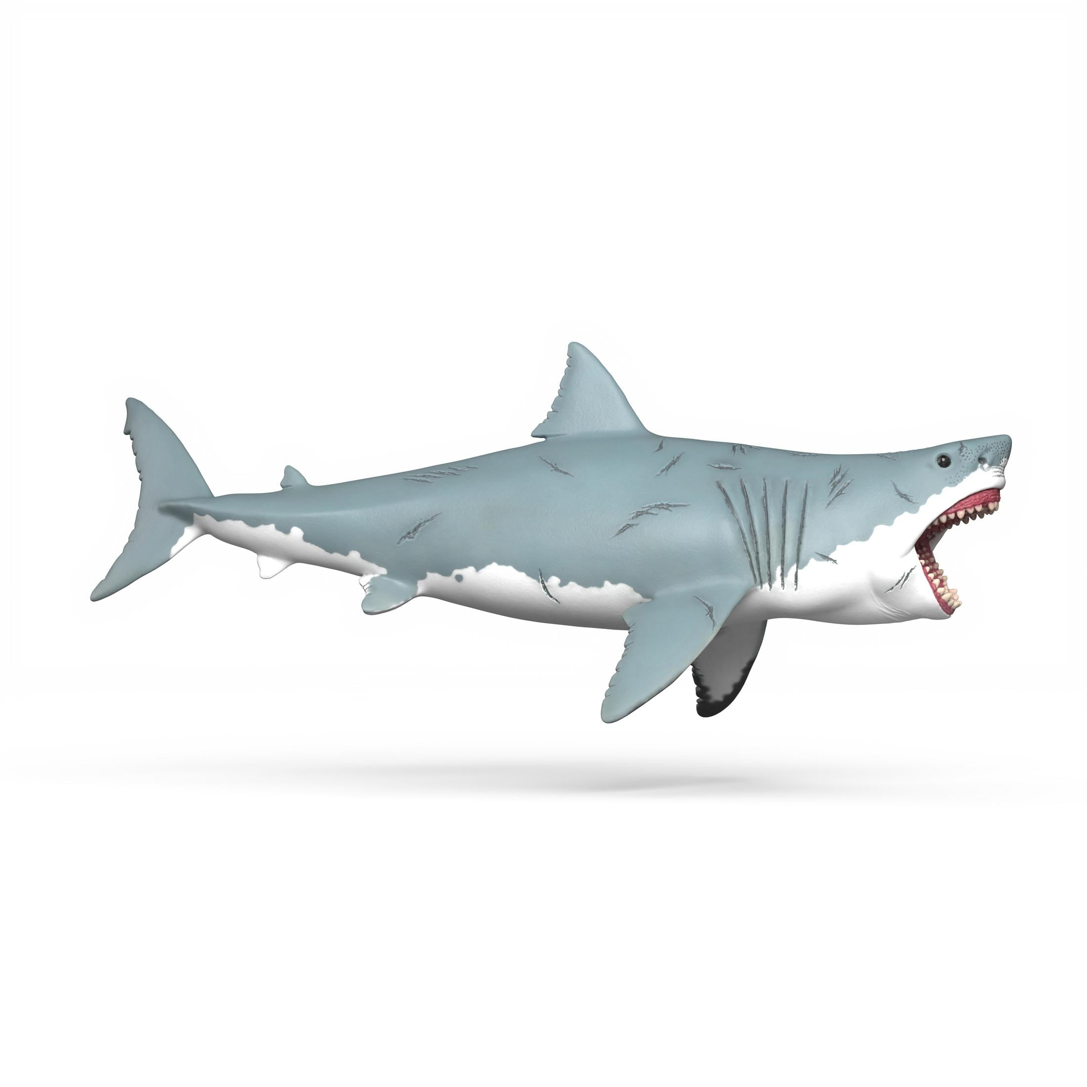 Une figurine de grand requin blanc cicatrisé de profil la bouche ouverte, isolée sur fond blanc.