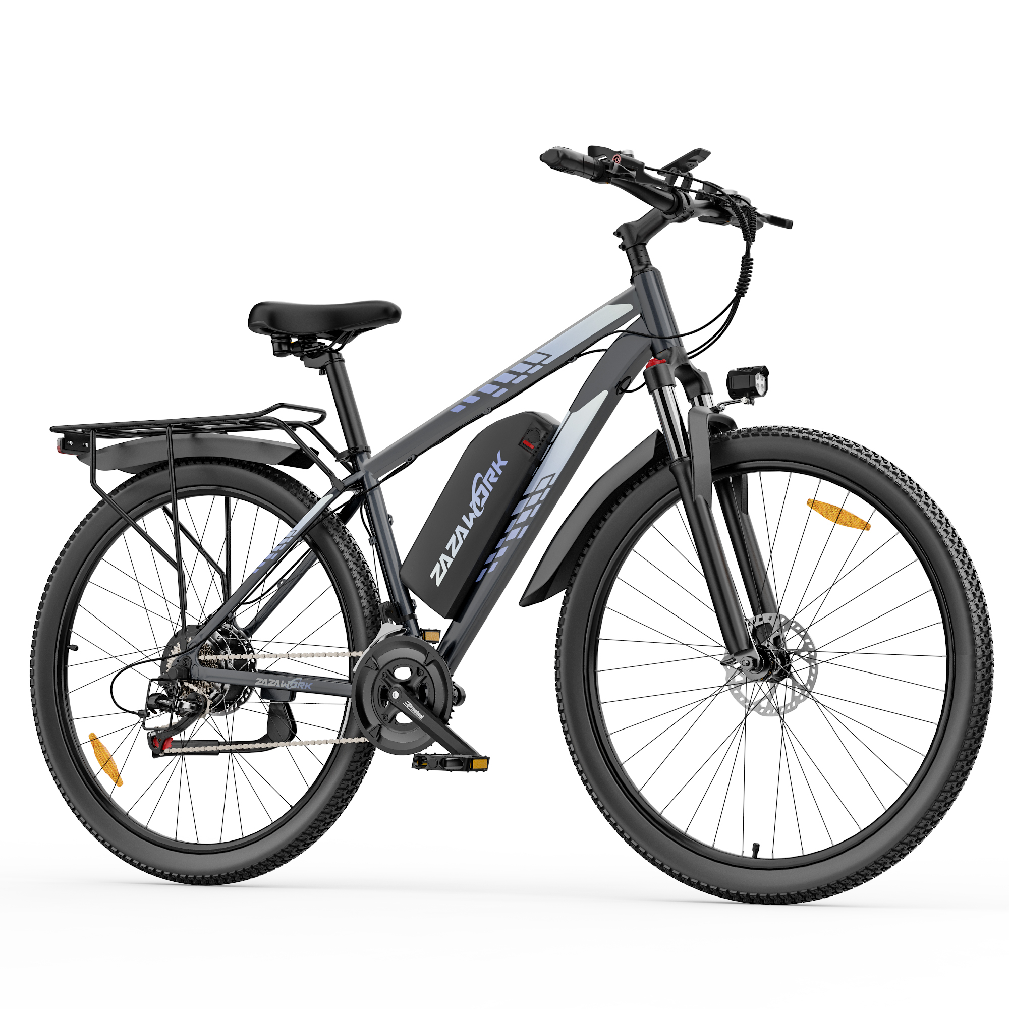Una bicicletta elettrica Zazawork grigia con portapacchi e batteria integrata su sfondo bianco.