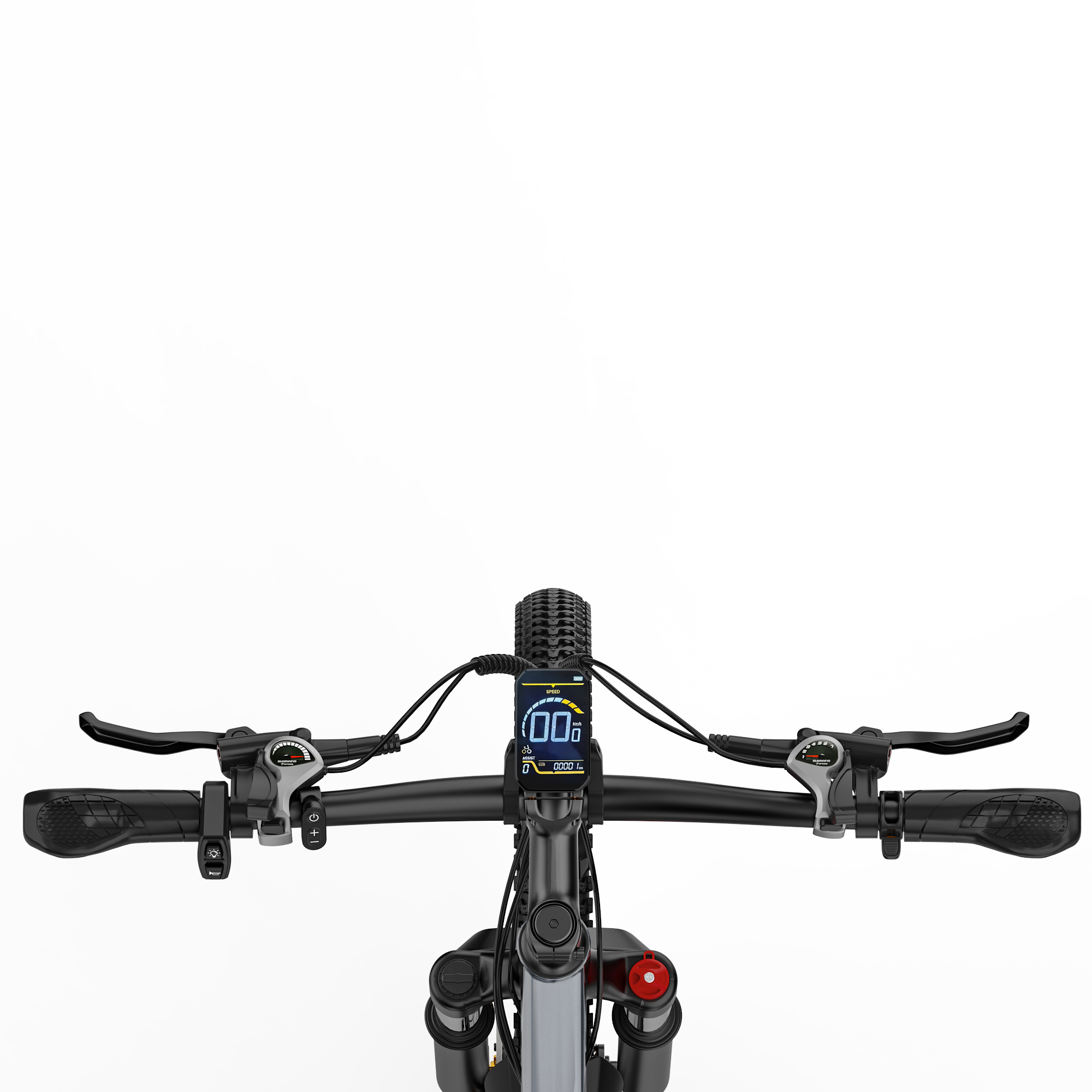 Vista dall'alto del manubrio di una e-bike nera con display digitale centrale, leve dei freni e manopole.