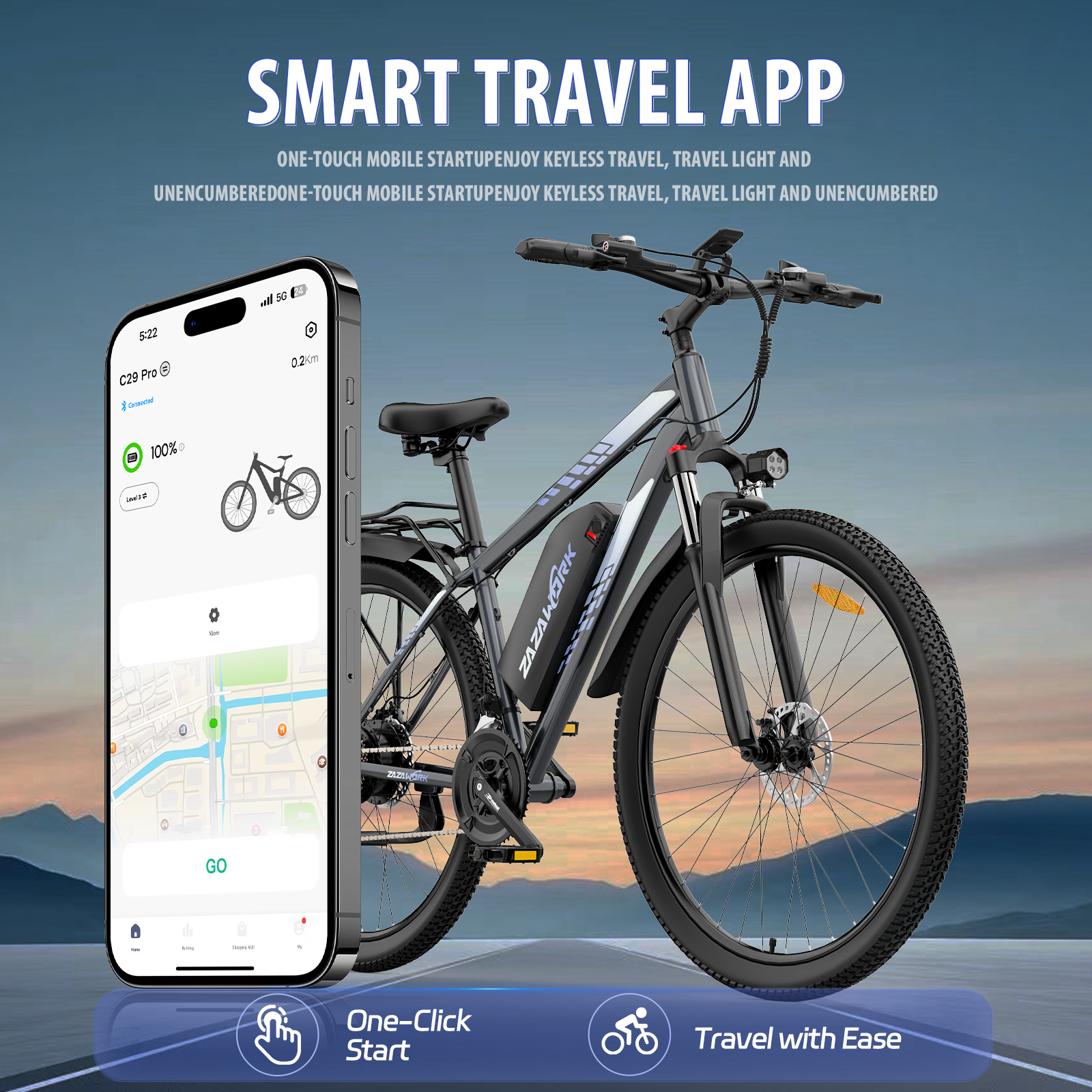 Una bicicletta elettrica grigia si trova accanto a uno smartphone con un'app di viaggio, davanti a delle montagne.