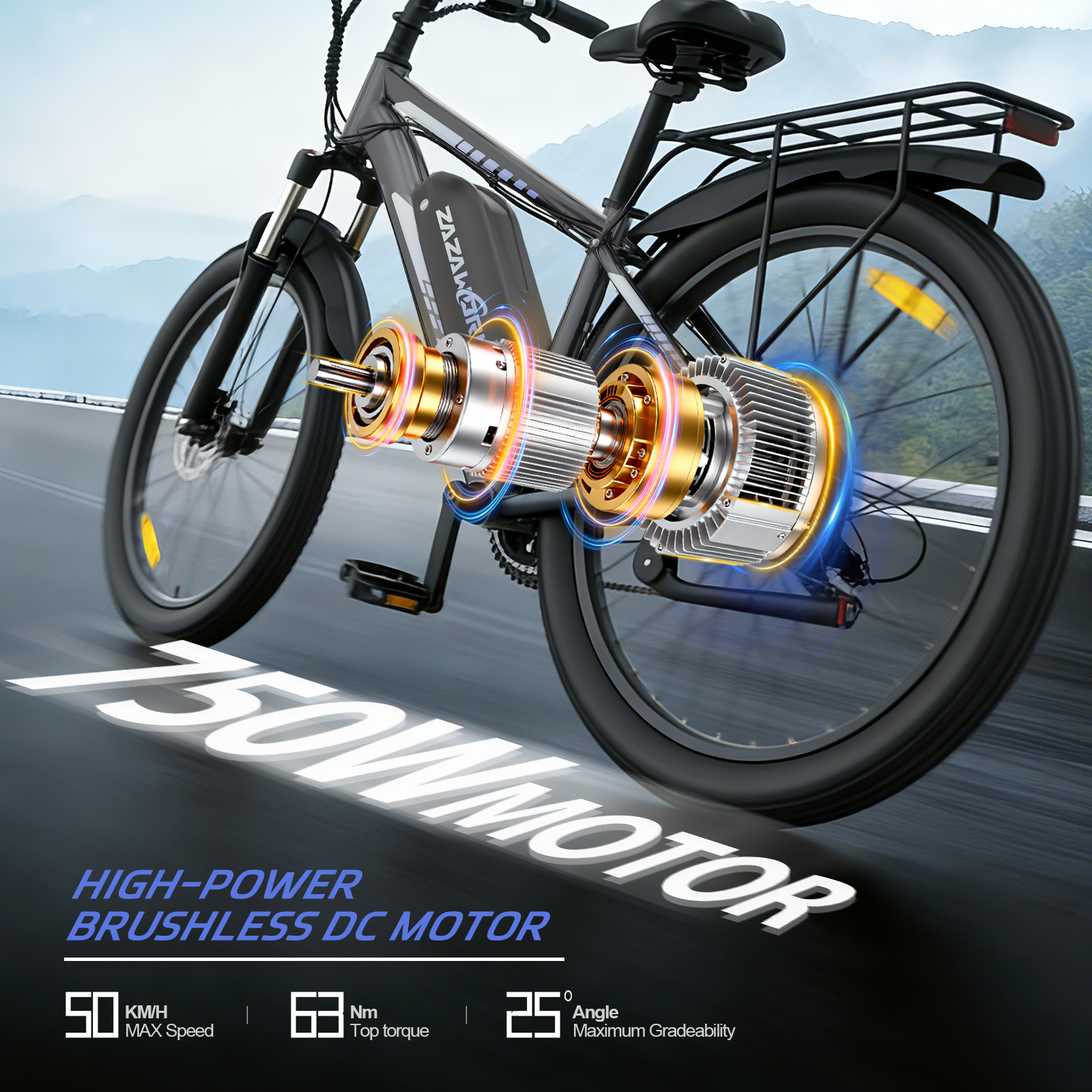 Una bici elettrica grigia su strada mostra un diagramma del motore da 750W luminoso con specifiche in basso.